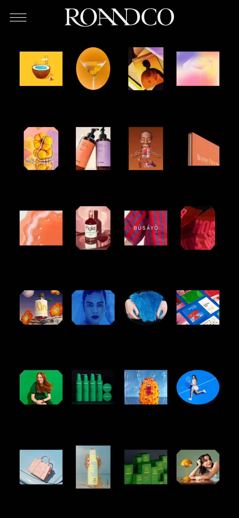 The mobile version maintains the black background and white branding but shifts to a single-column vertical scroll for the project thumbnails. The navigation menu is condensed into a hamburger icon on the top left, providing a streamlined view of the colorful portfolio imagery on a smaller screen.