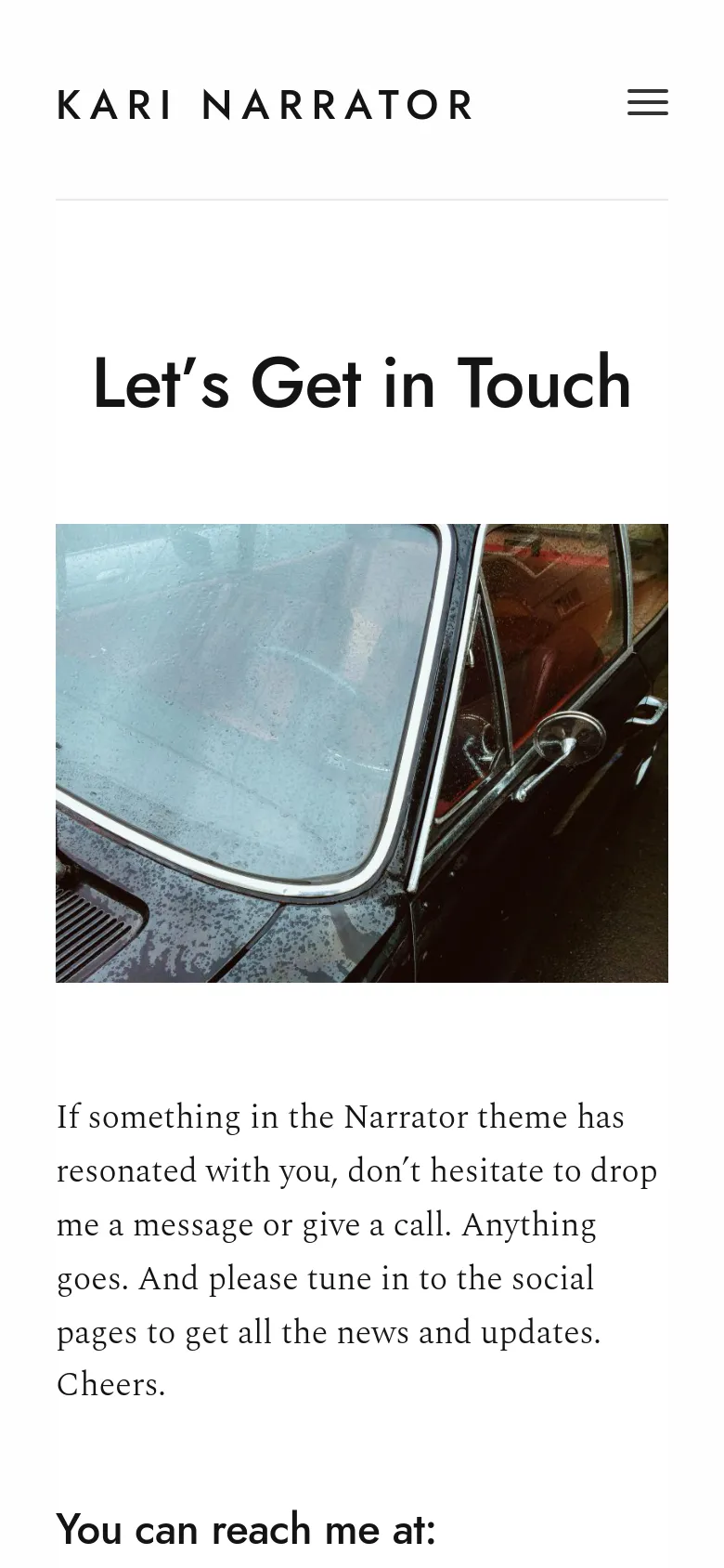 The mobile version simplifies the layout into a single vertical column. The top navigation is collapsed into a hamburger menu icon, and the 'Let’s Get in Touch' headline and car window hero image are centered. The text and contact information follow below in a stacked format for easy scrolling on smaller screens.