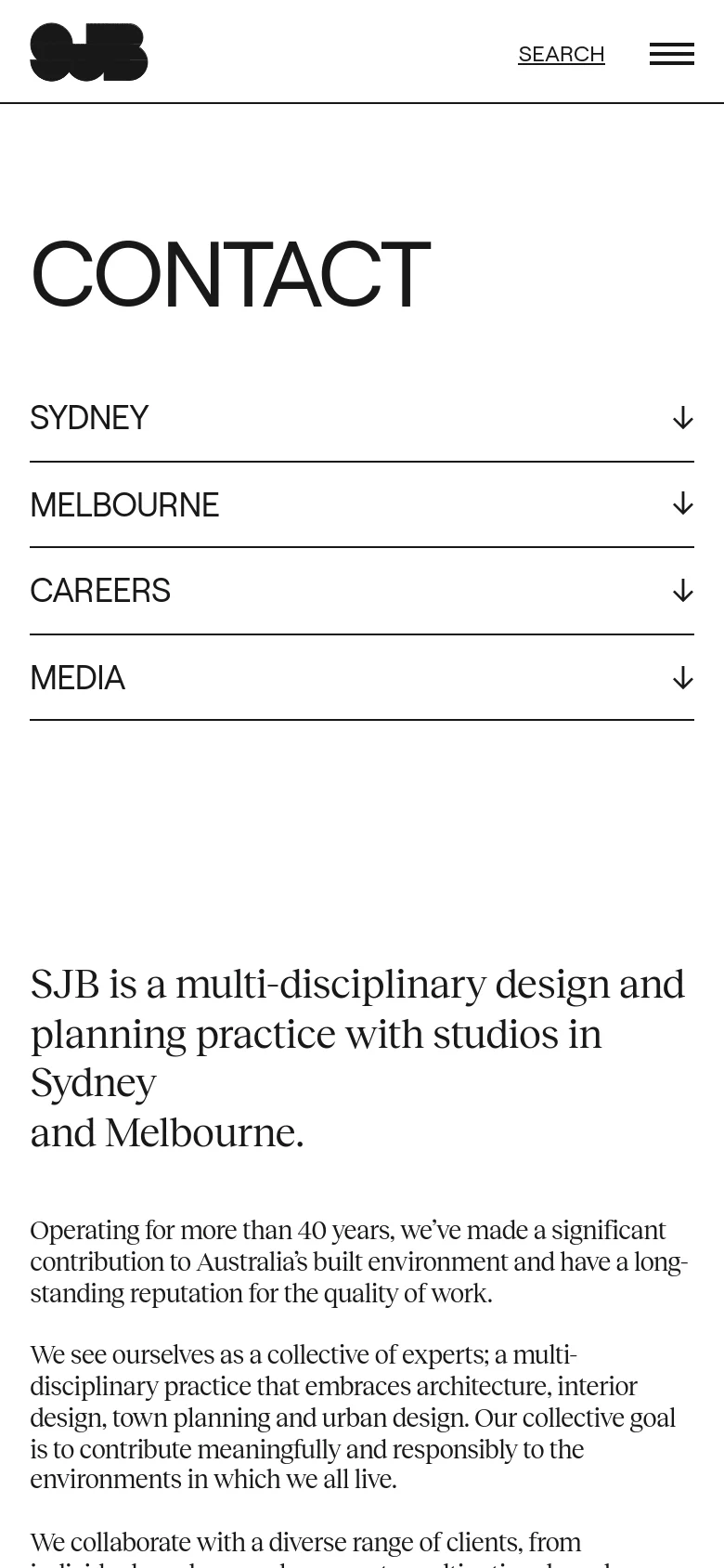 The mobile version presents a stacked layout where the large 'CONTACT' heading appears at the top, followed by the accordion menu for Sydney, Melbourne, Careers, and Media. The hero image is removed from the top view to prioritize the navigation and contact categories, and the text content follows below the menu.