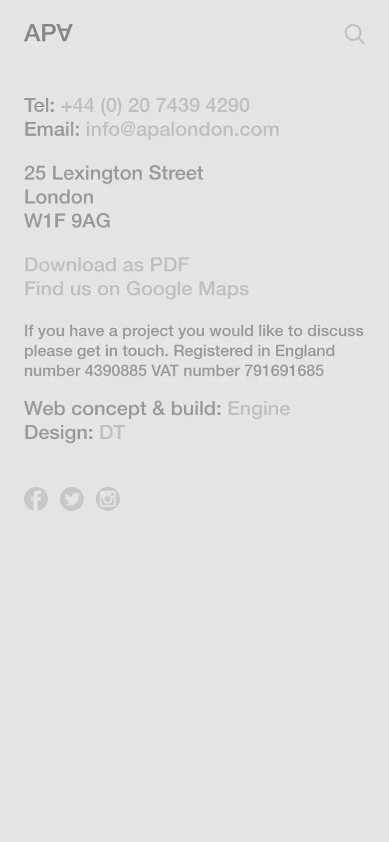 The mobile version simplifies the layout into a single vertical column. The logo and a search icon appear at the top, followed by the contact information, address, and project discussion text, with social media icons positioned at the bottom of the screen.
