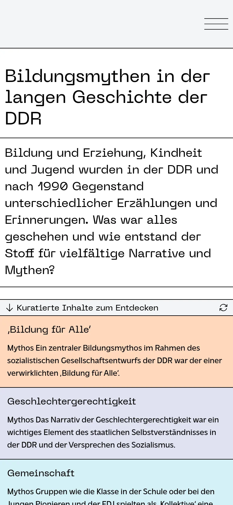 The mobile version maintains the clean, white aesthetic but uses a vertical single-column layout for easier scrolling. The main headline and introductory text are stacked, and the navigation menu is condensed into a hamburger icon at the bottom right. Content cards are presented as full-width blocks with text and subtle background colors.