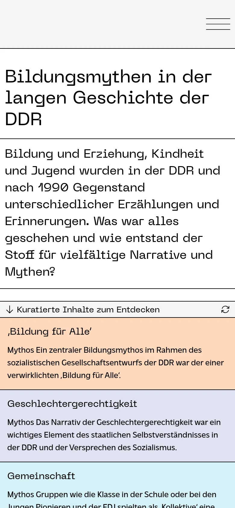 The mobile version maintains the clean, white aesthetic but uses a vertical single-column layout for easier scrolling. The main headline and introductory text are stacked, and the navigation menu is condensed into a hamburger icon at the bottom right. Content cards are presented as full-width blocks with text and subtle background colors.