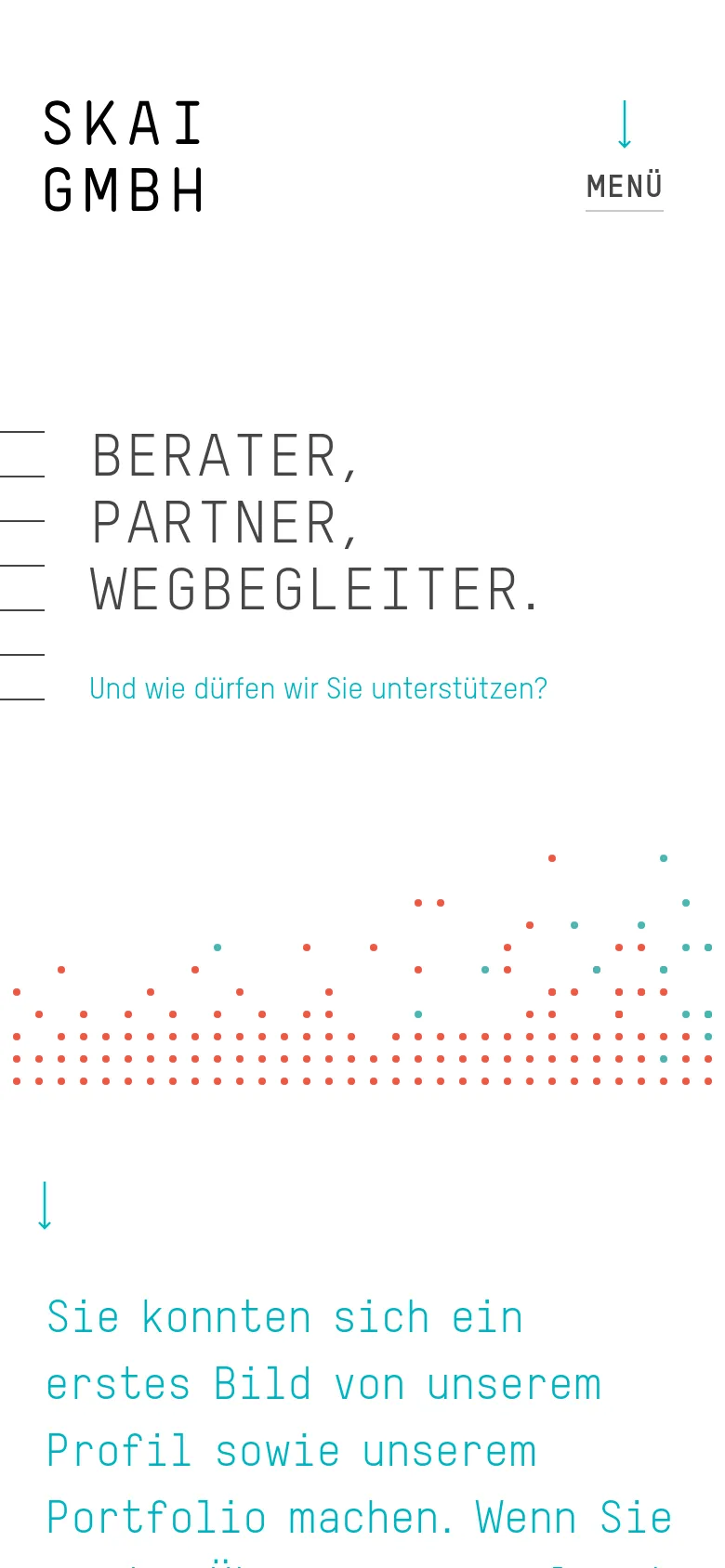 The mobile version maintains the minimalist white aesthetic and large black typography but uses a condensed layout. The navigation is replaced by a 'MENÜ' hamburger icon at the top right, and the text elements are stacked vertically to fit the narrower screen, with the red and teal dot pattern appearing below the main headline.