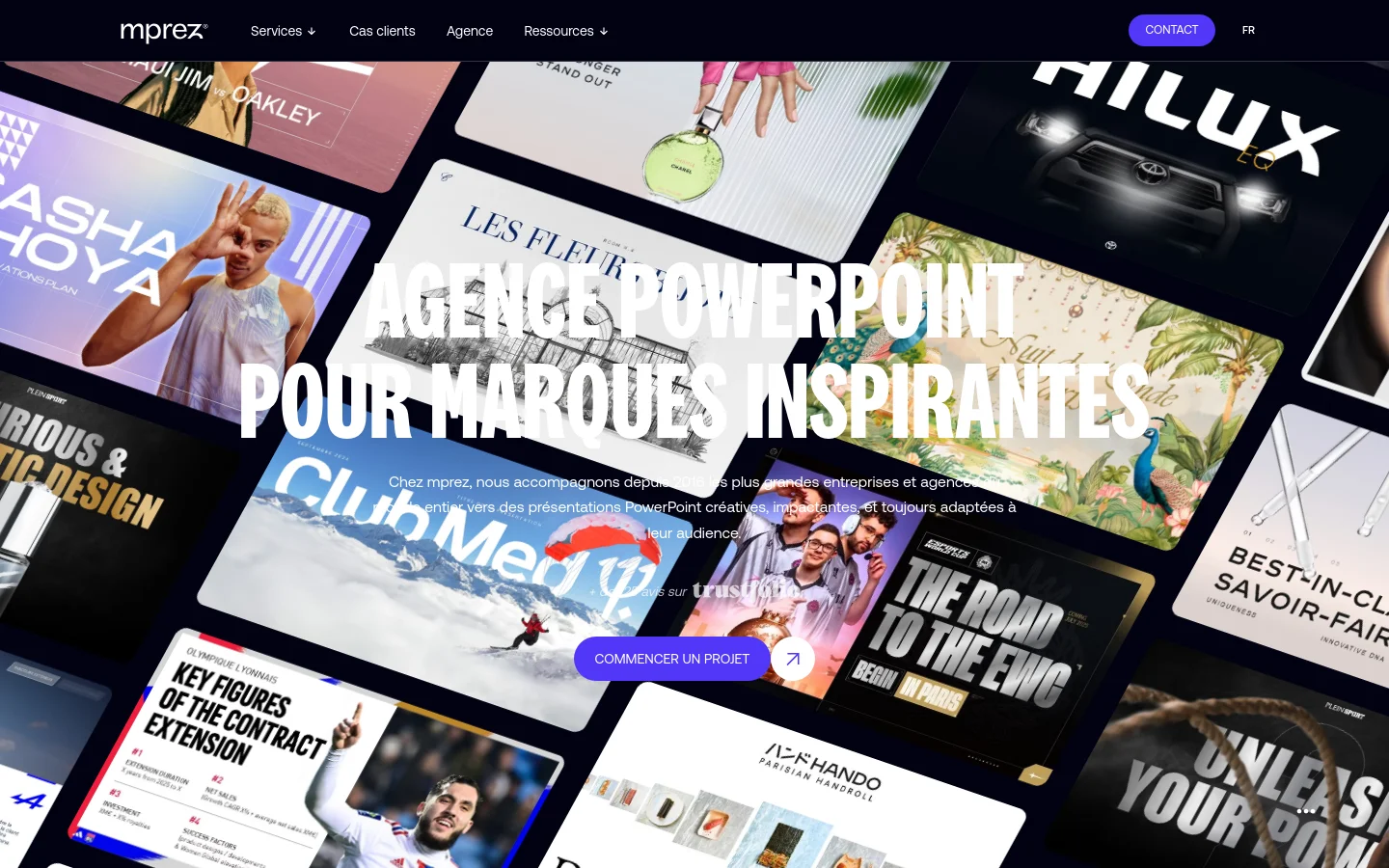 The desktop homepage features a dark background with a collage of colorful, high-quality presentation slide examples tilted at angles. A large white headline reads 'AGENCE POWERPOINT POUR MARQUES INSPIRANTES' centered over the collage, followed by a brief description and a bright purple 'COMMENCER UN PROJET' call-to-action button. The top navigation bar is minimalist with links for Services, Clients, Agency, and Resources.