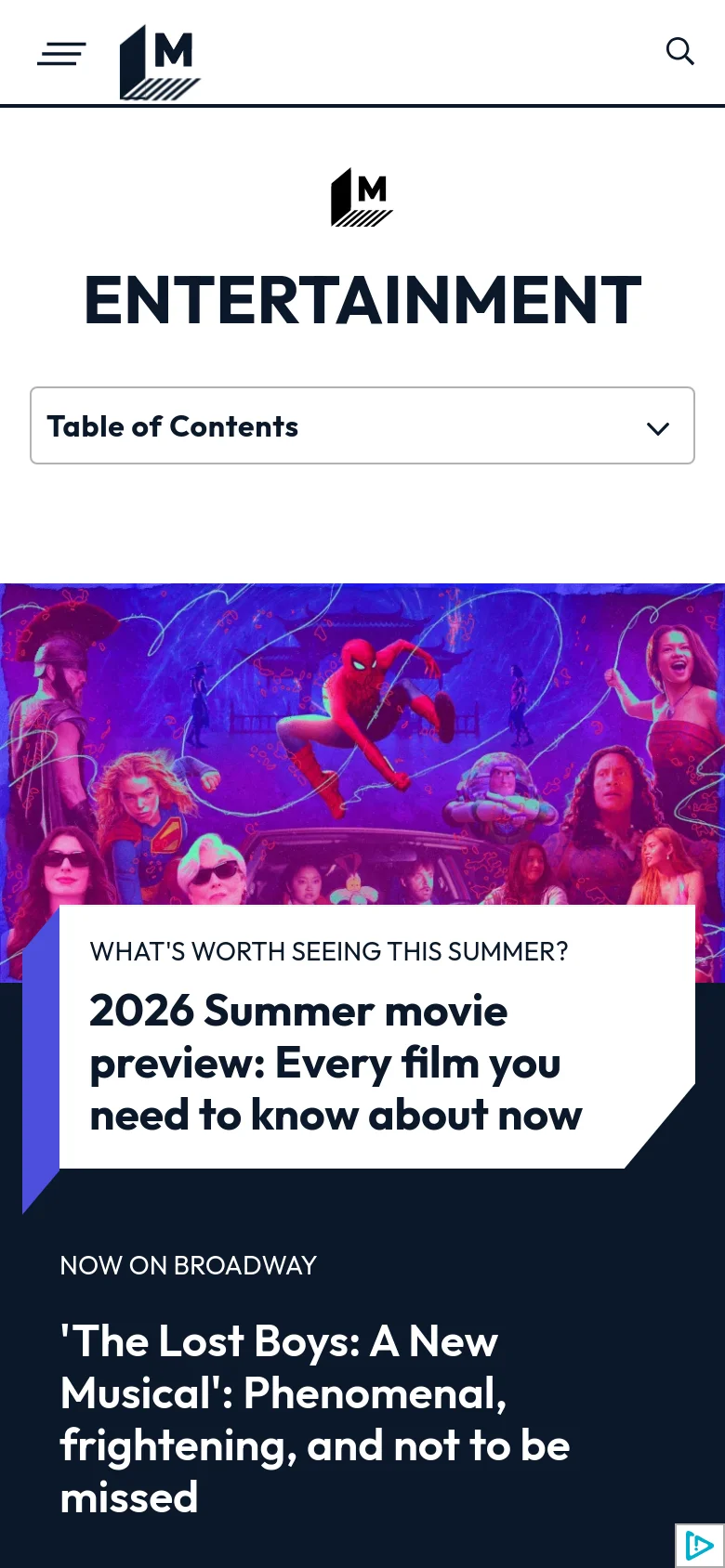 The mobile version maintains the 'ENTERTAINMENT' title and 'Table of Contents' dropdown but uses a simplified header with a hamburger menu and search icon. The colorful hero image of movie characters remains central, with the large summer movie preview headline positioned clearly below it on a white background block.