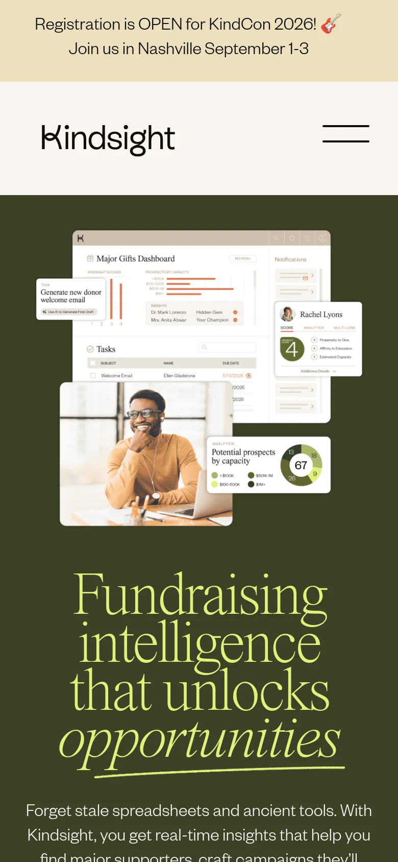 The mobile version uses a vertical layout with the same dark olive green background and large serif headline. The software dashboard graphic is centered below the headline, and the top navigation is condensed into a hamburger menu icon on the right. A promotional banner for KindCon 2026 appears at the very top of the screen.