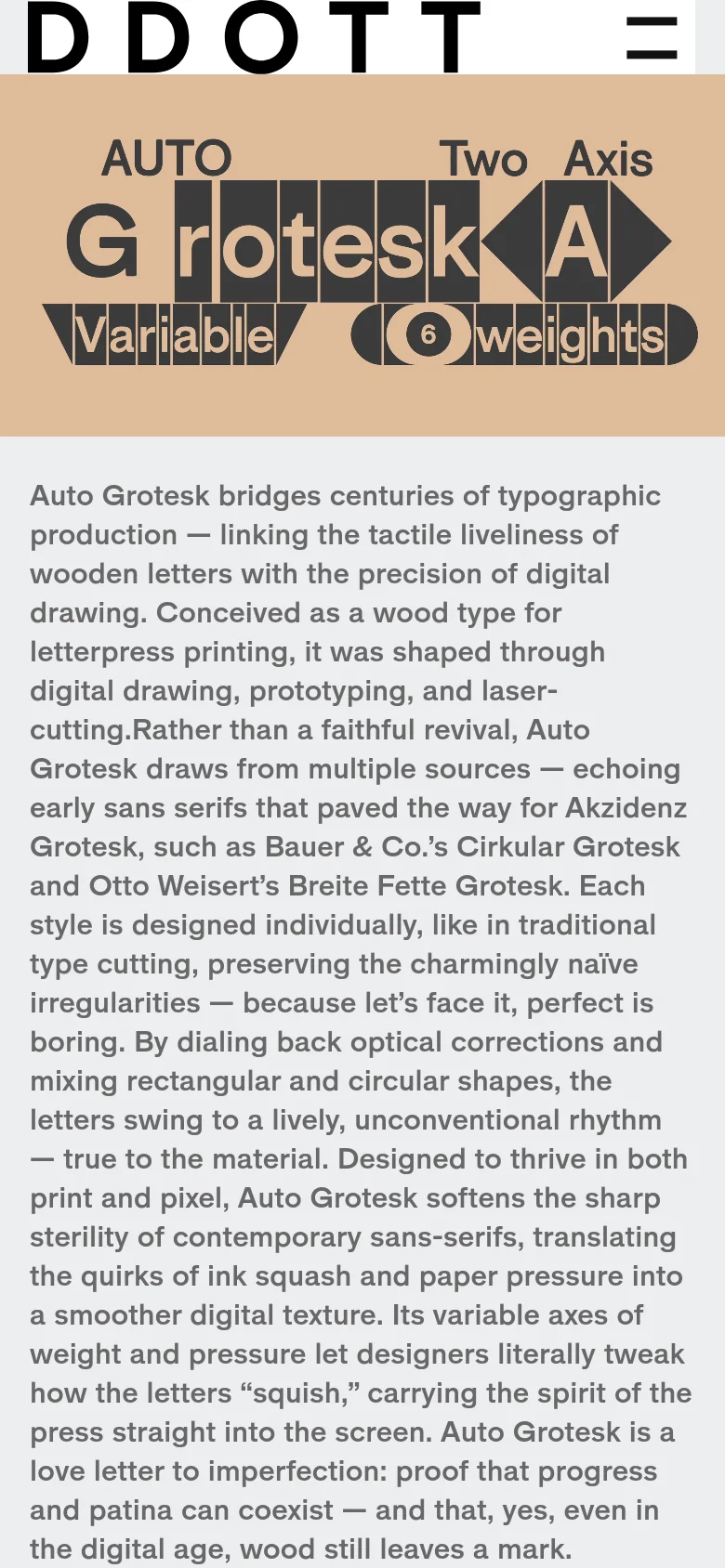 The mobile version presents a simplified, vertically stacked layout on a tan background. The large typographic hero imagery is scaled down to fit the narrow screen, followed by the descriptive text and font specifications. Navigation and calls to action are repositioned for vertical scrolling, maintaining the minimalist aesthetic of the desktop site.