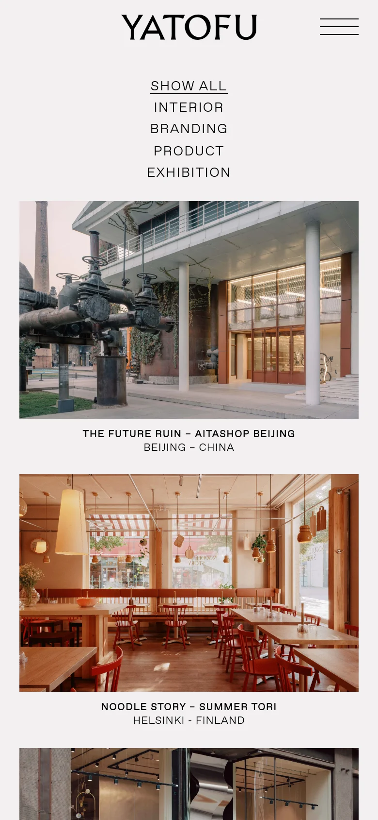 The mobile version displays a single-column layout optimized for vertical scrolling. The navigation and project filters are centered at the top, and each project is presented as a full-width image with its title and location centered directly underneath.