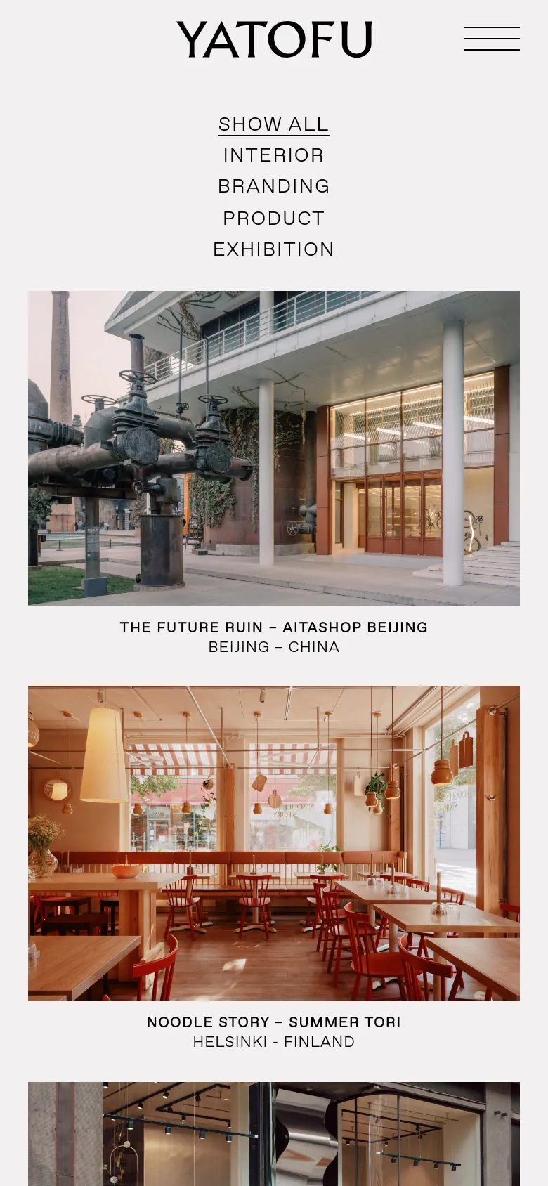 The mobile version displays a single-column layout optimized for vertical scrolling. The navigation and project filters are centered at the top, and each project is presented as a full-width image with its title and location centered directly underneath.