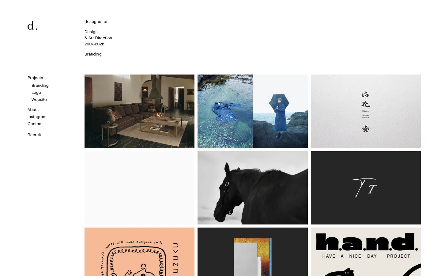 The desktop page features a minimalist white layout with a sidebar on the left containing the studio name, tagline, and navigation links. A large grid of high-quality project images displays branding work, including photography of interiors, landscapes, and graphic logos. The design is spacious with a clean, professional aesthetic.