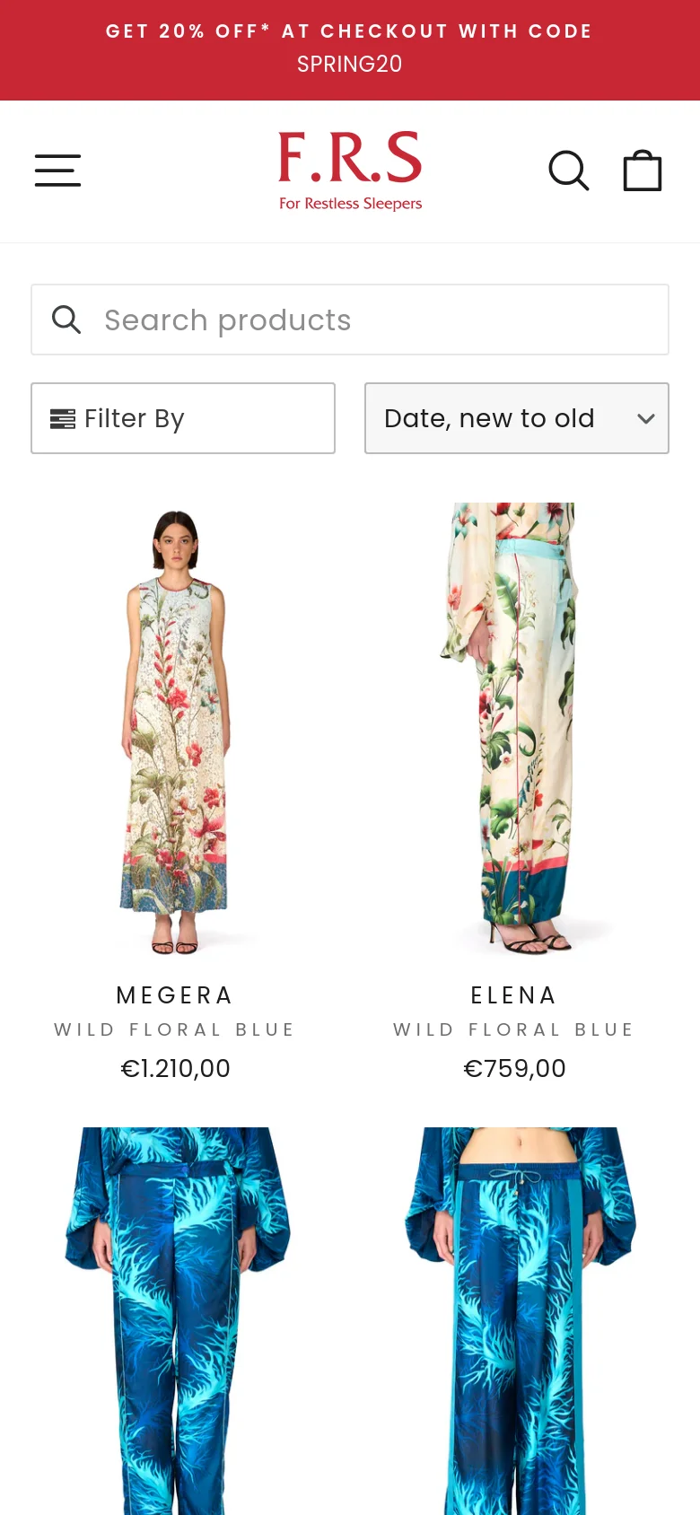 The mobile version presents a simplified vertical layout with a prominent red banner and a large search bar at the top. The navigation is condensed into a hamburger menu, and the product grid shifts to a single or double column view to accommodate the smaller screen. Filter and sort options are presented as large, easy-to-tap dropdown buttons above the product images.