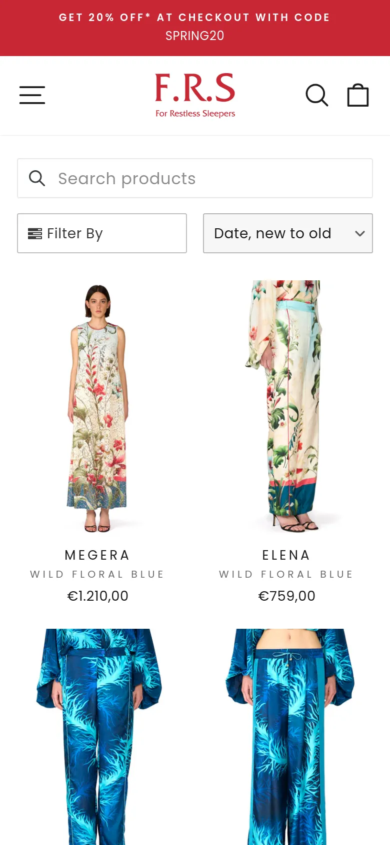 The mobile version presents a simplified vertical layout with a prominent red banner and a large search bar at the top. The navigation is condensed into a hamburger menu, and the product grid shifts to a single or double column view to accommodate the smaller screen. Filter and sort options are presented as large, easy-to-tap dropdown buttons above the product images.