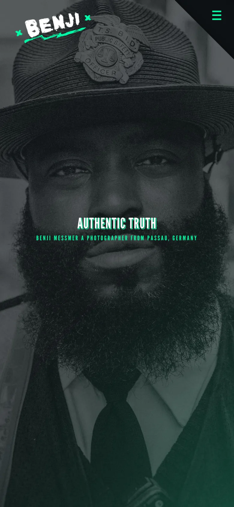 Benji Messmer mobile homepage with a stacked layout. The hero section features the AUTHENTIC TRUTH headline over a full-bleed portrait, a hamburger menu in the top right, and a teal brand logo at the top left.