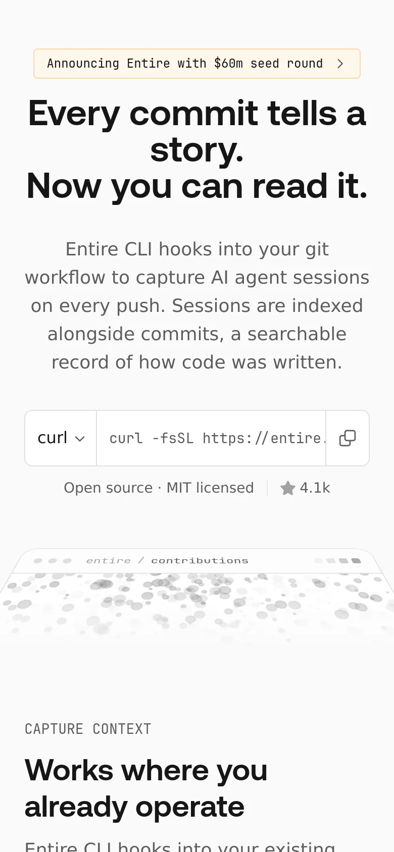The mobile version presents a vertically stacked layout with the same headline and subheadline, though the text is centered and scaled for smaller screens. The code snippet box and the 'Open source' metadata are condensed, and the circular graphic is partially visible at the bottom of the viewport.