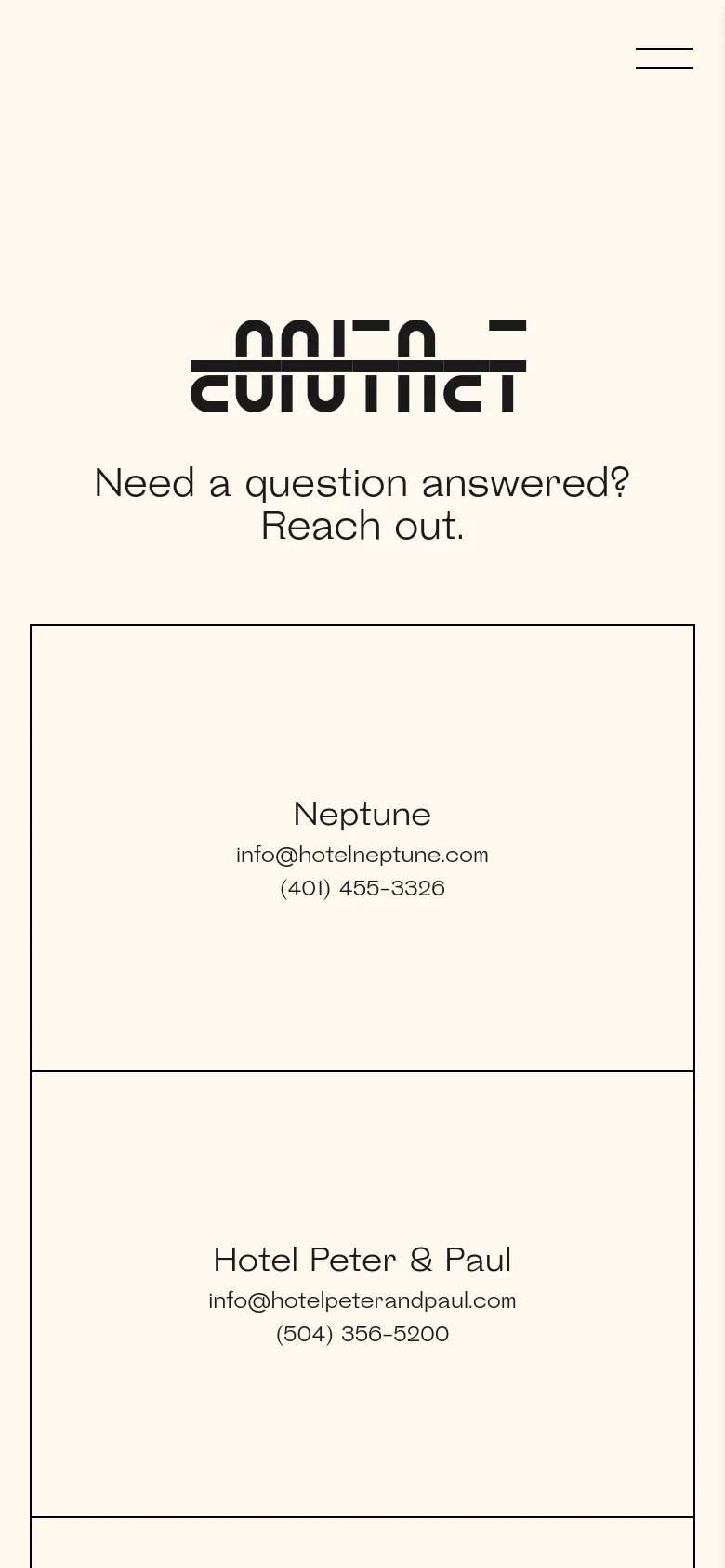 The mobile version maintains the cream background and bold black text but uses a single-column vertical layout. The large 'contacT' header and subheadline are centered at the top, followed by contact information cards stacked vertically instead of a multi-column grid.