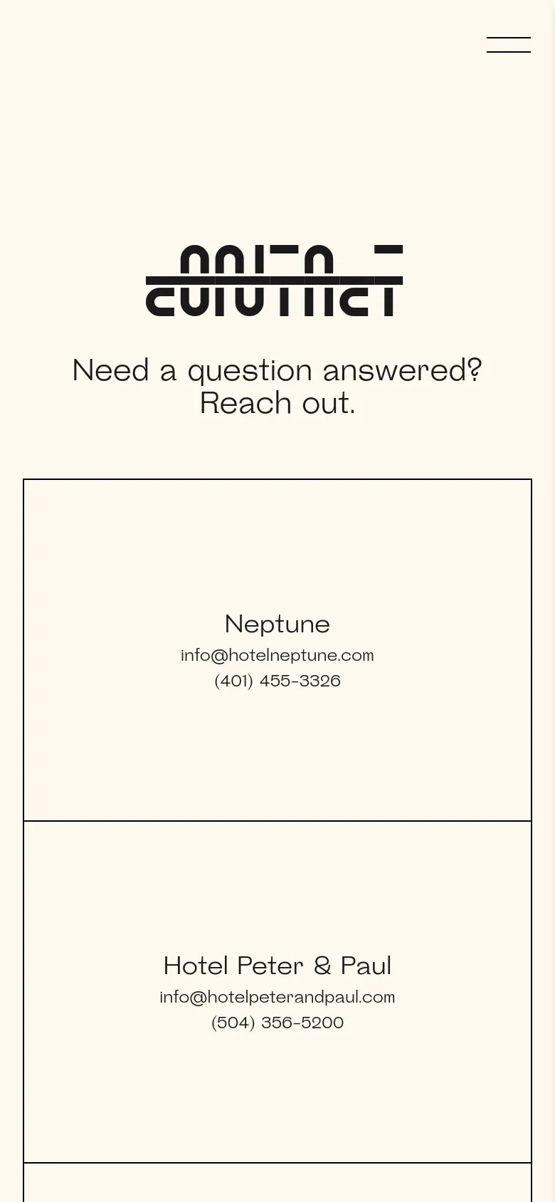 The mobile version maintains the cream background and bold black text but uses a single-column vertical layout. The large 'contacT' header and subheadline are centered at the top, followed by contact information cards stacked vertically instead of a multi-column grid.