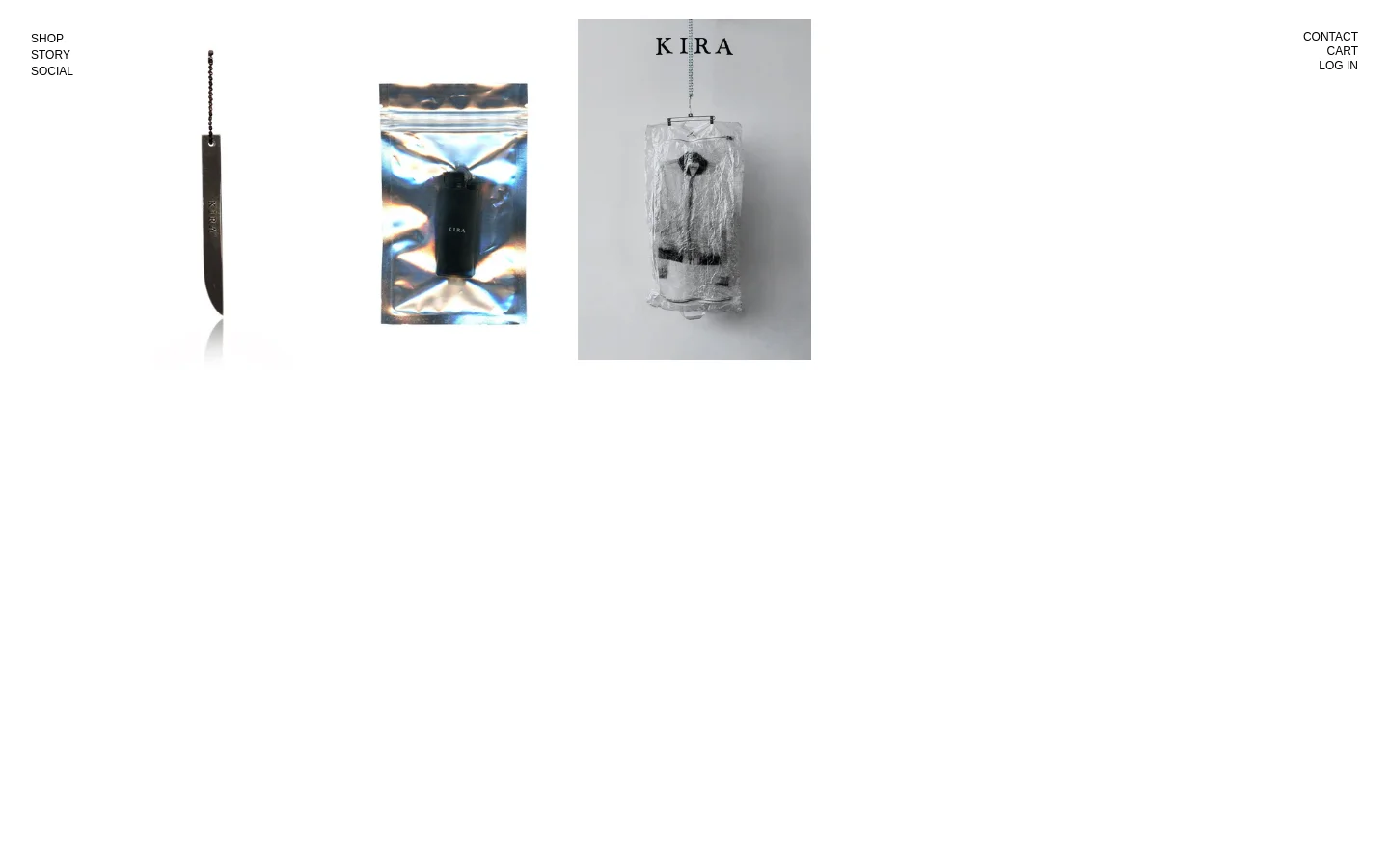 The desktop shop page features a minimalist white background with a clean grid layout showcasing product images. Products include a Blade Charm, a Lighter in silver packaging, and a Pure Spirit Body Bag, each listed with its name and price in black serif text. Navigation links for Shop, Story, Social, Contact, Cart, and Log In are positioned at the top corners.