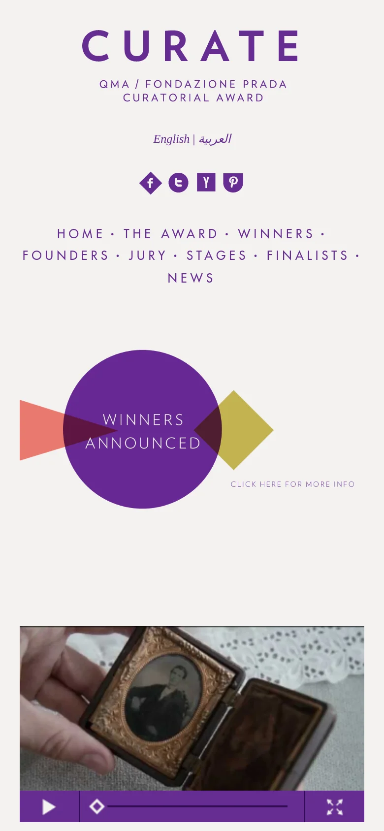 The mobile version uses a centered layout with the 'CURATE' logo and award title prominently at the top. The navigation links are arranged horizontally below the language selector, and the central 'WINNERS ANNOUNCED' graphic is scaled down to fit the narrower screen width. A video player with a purple control bar is visible at the bottom of the frame.