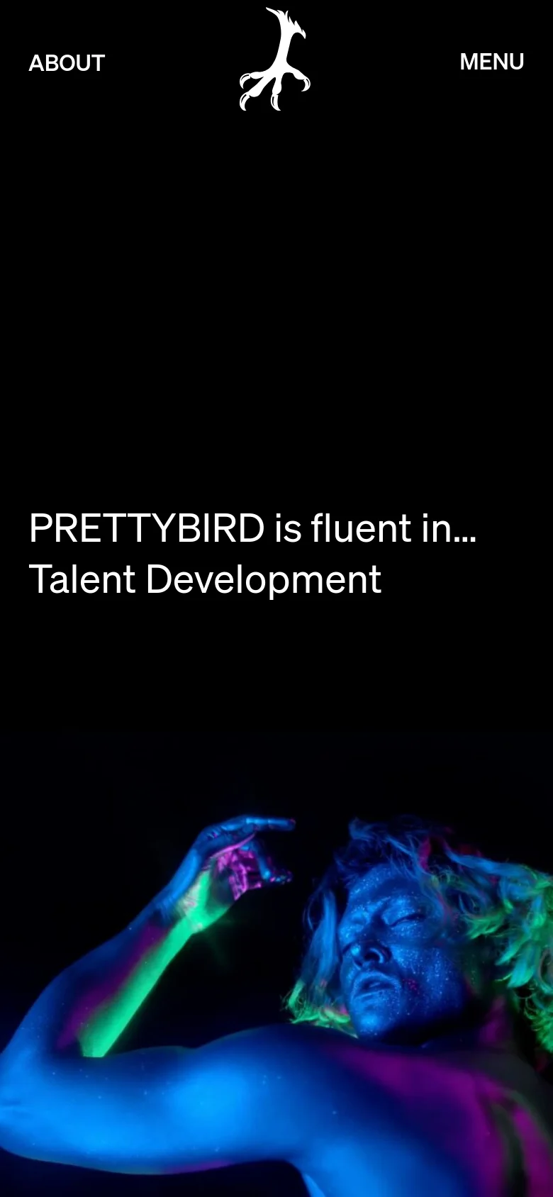 The mobile version maintains the dark aesthetic and central bird logo, but the layout is vertically oriented. The headline 'PRETTYBIRD is fluent in... Talent Development' is stacked into two lines, and the neon-lit subject in the hero image is cropped closer to focus on the upper body and face.