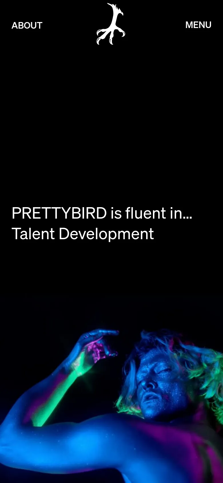 The mobile version maintains the dark aesthetic and central bird logo, but the layout is vertically oriented. The headline 'PRETTYBIRD is fluent in... Talent Development' is stacked into two lines, and the neon-lit subject in the hero image is cropped closer to focus on the upper body and face.