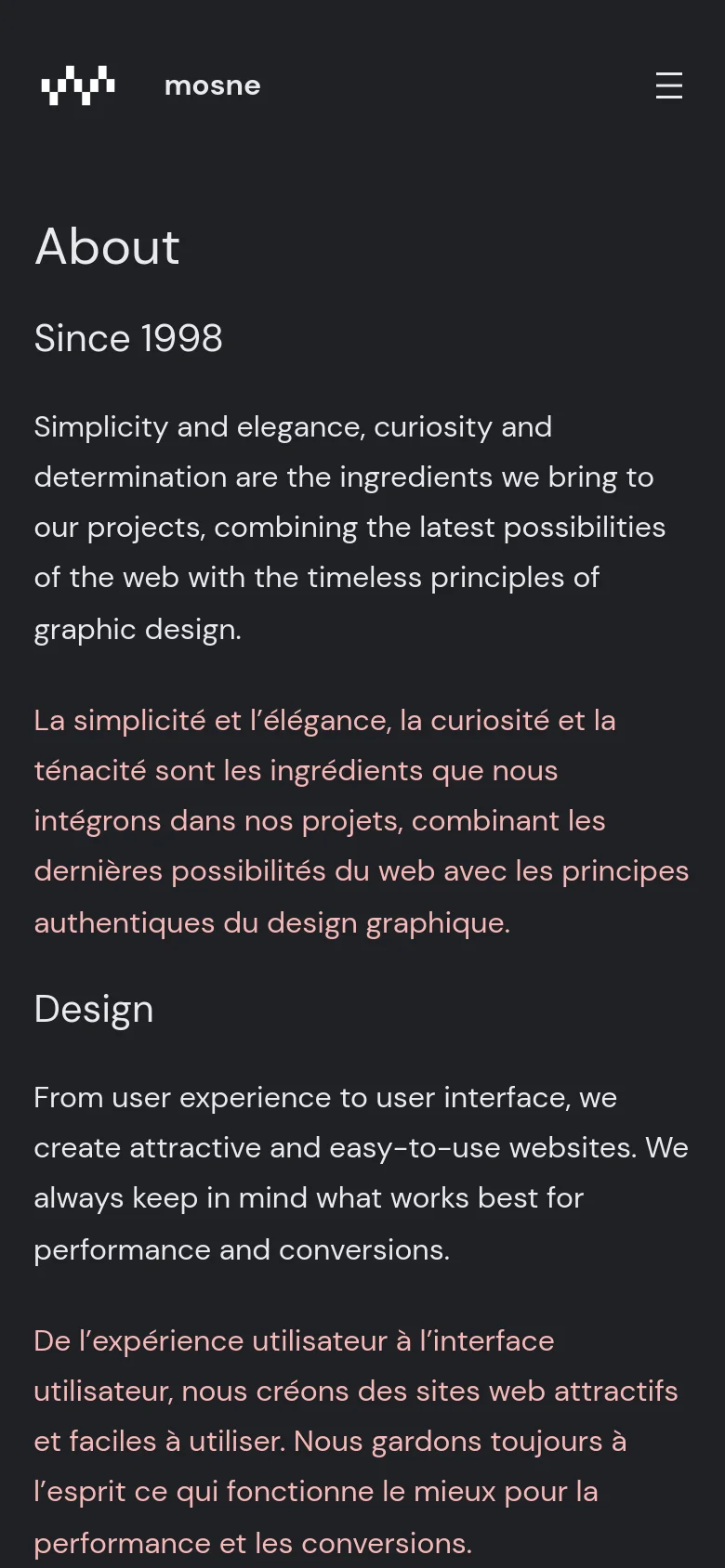 The mobile version presents a single-column vertical layout on a dark background. The navigation is condensed into a hamburger menu icon, and all text sections, including 'About', 'Since 1998', and 'Design', are stacked vertically for easy scrolling.