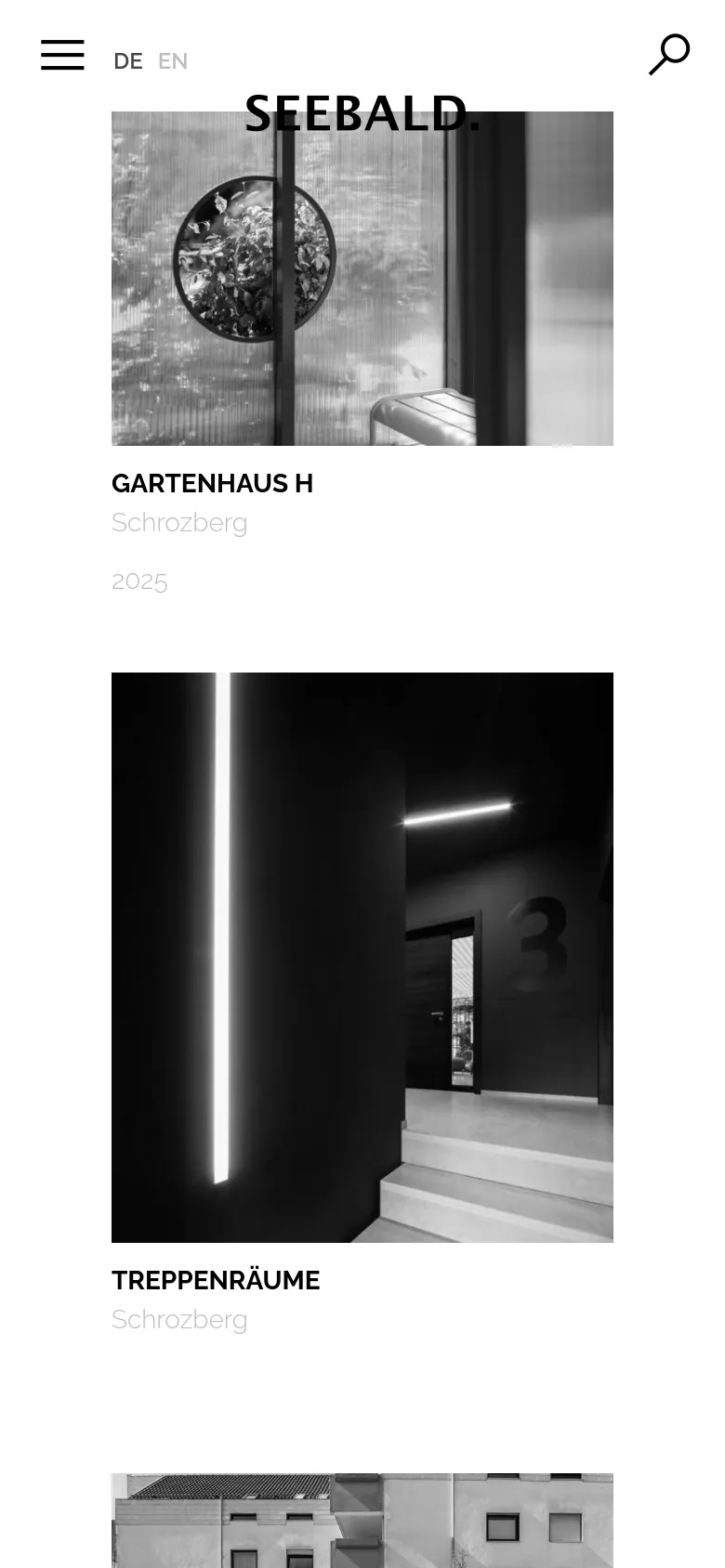 The mobile version simplifies the layout into a single-column vertical scroll, removing the left sidebar in favor of a hamburger menu icon at the top left. The project images and their corresponding text descriptions, such as 'GARTENHAUS H', are stacked vertically to fit the narrow screen width. The search icon and language selector remain visible in the header.