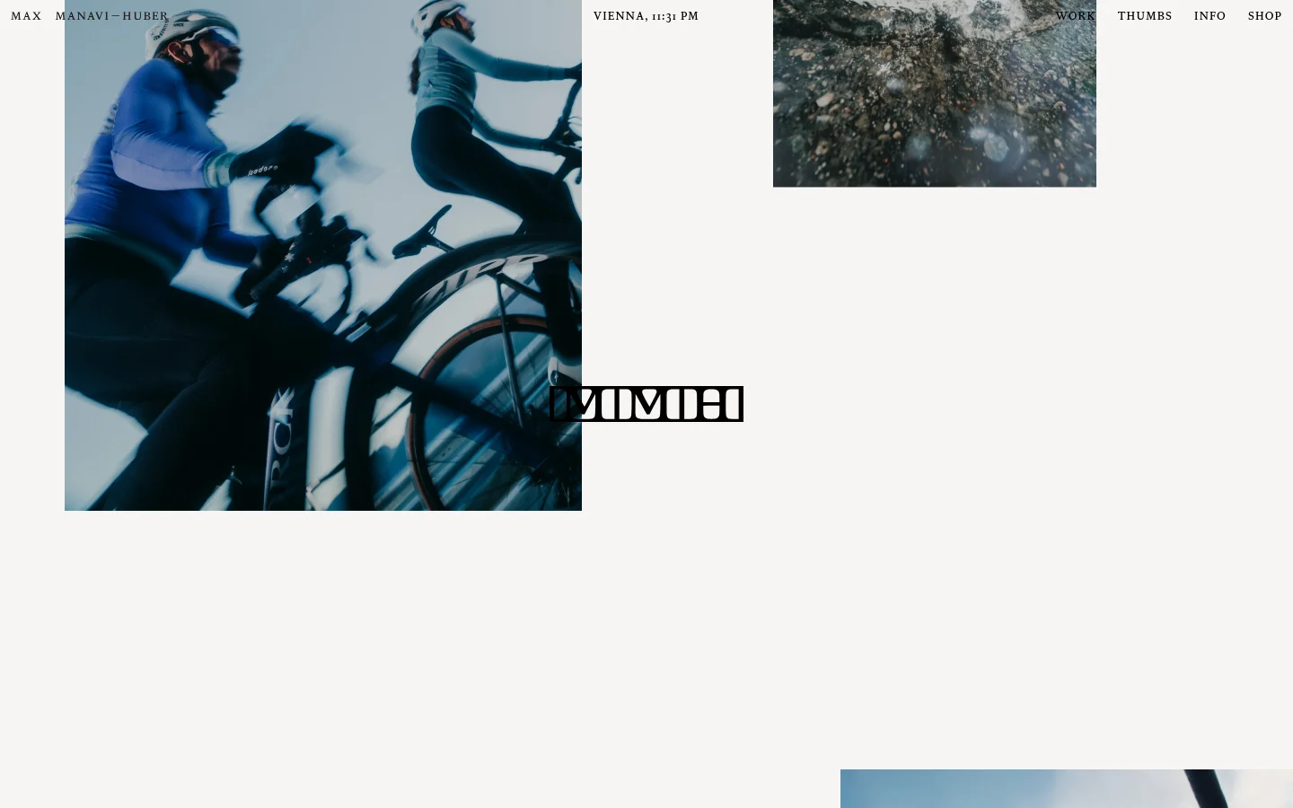 The desktop homepage features a minimalist white layout with a top navigation bar containing the name 'MAX MANAVI-HUBER' and links for Work, Thumbs, Info, and Shop. A large hero image shows a cyclist in motion, followed by a grid of various photography projects including fashion and outdoor shots. The design is clean with ample white space and black serif typography.