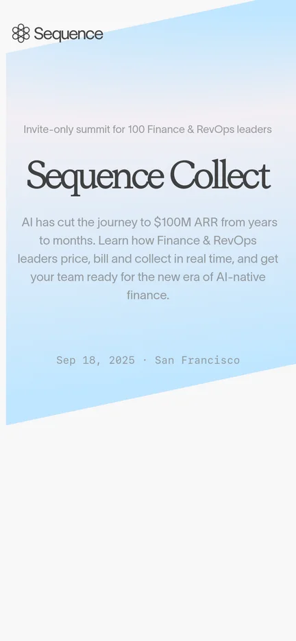 The mobile version presents a vertically stacked layout with the 'Sequence' logo at the top left. The text is centered, featuring the summit description, the large 'Sequence Collect' title, and the event details, all set against a light blue geometric backdrop.