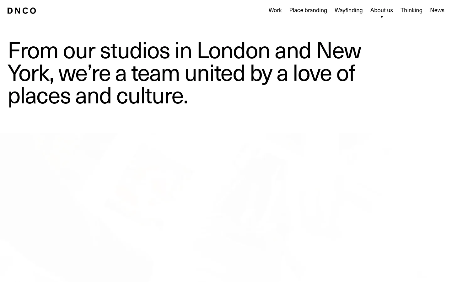 The desktop About Us page features a minimalist white layout with a large, bold headline about the London and New York studios. A navigation menu sits at the top right, and a large, faded hero image occupies the center of the screen below the headline.