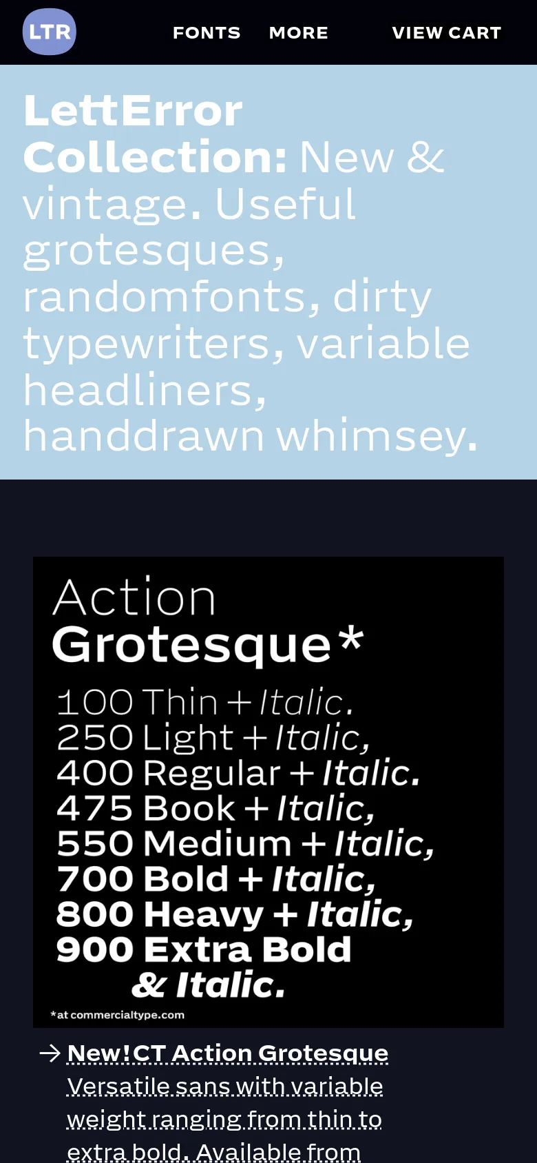 The mobile version presents a vertically stacked layout optimized for narrow screens. The large hero text is scaled down to fit the width, and the font collection follows in a single-column list where preview images are followed by text descriptions. The black navigation bar remains at the top, providing access to site sections.