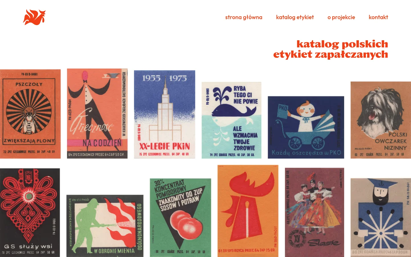 The desktop homepage features a white background with a red logo in the top left and a navigation menu on the right. A large red headline reads 'katalog polskich etykiet zapałczanych' above a grid of colorful, vintage Polish matchstick labels. The layout is spacious, showcasing various rectangular label designs in a clean gallery format.