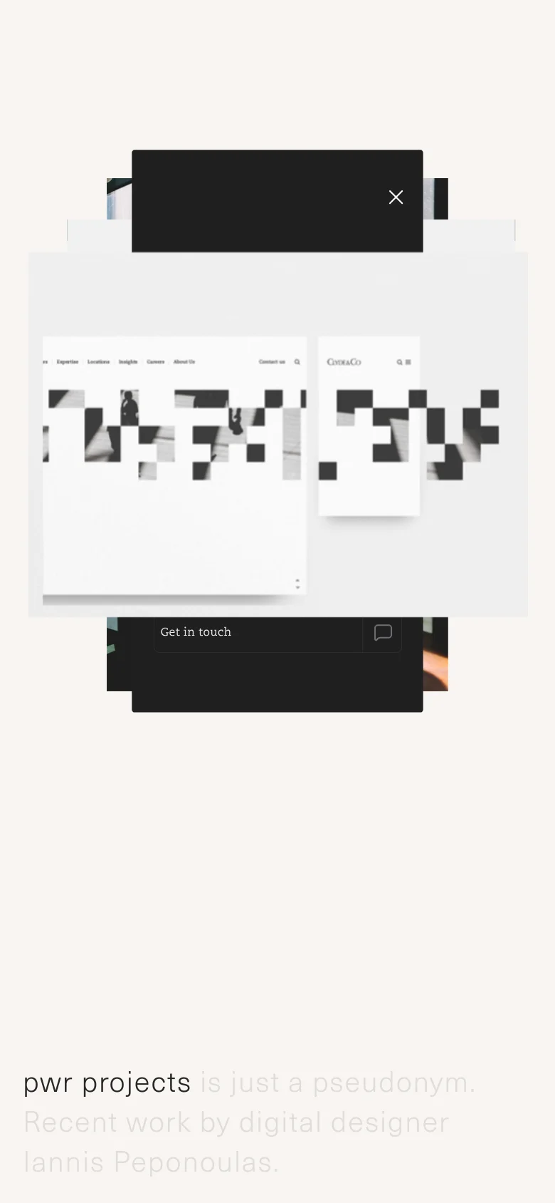 The mobile version maintains the minimalist aesthetic with a light gray background and centered text. The layout is vertically stacked, showing the main headline and subheadline prominently, while the large abstract image element is scaled to fit the narrower viewport.