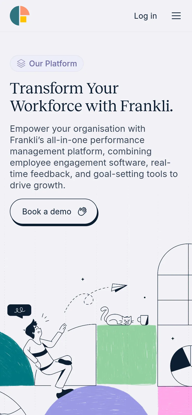 The mobile version presents a vertically stacked layout with the headline and description centered above the 'Book a demo' button. The top navigation is condensed into a hamburger menu icon next to the logo and 'Log in' link. The playful line-art illustration is repositioned to sit below the main text and button, filling the bottom portion of the screen.