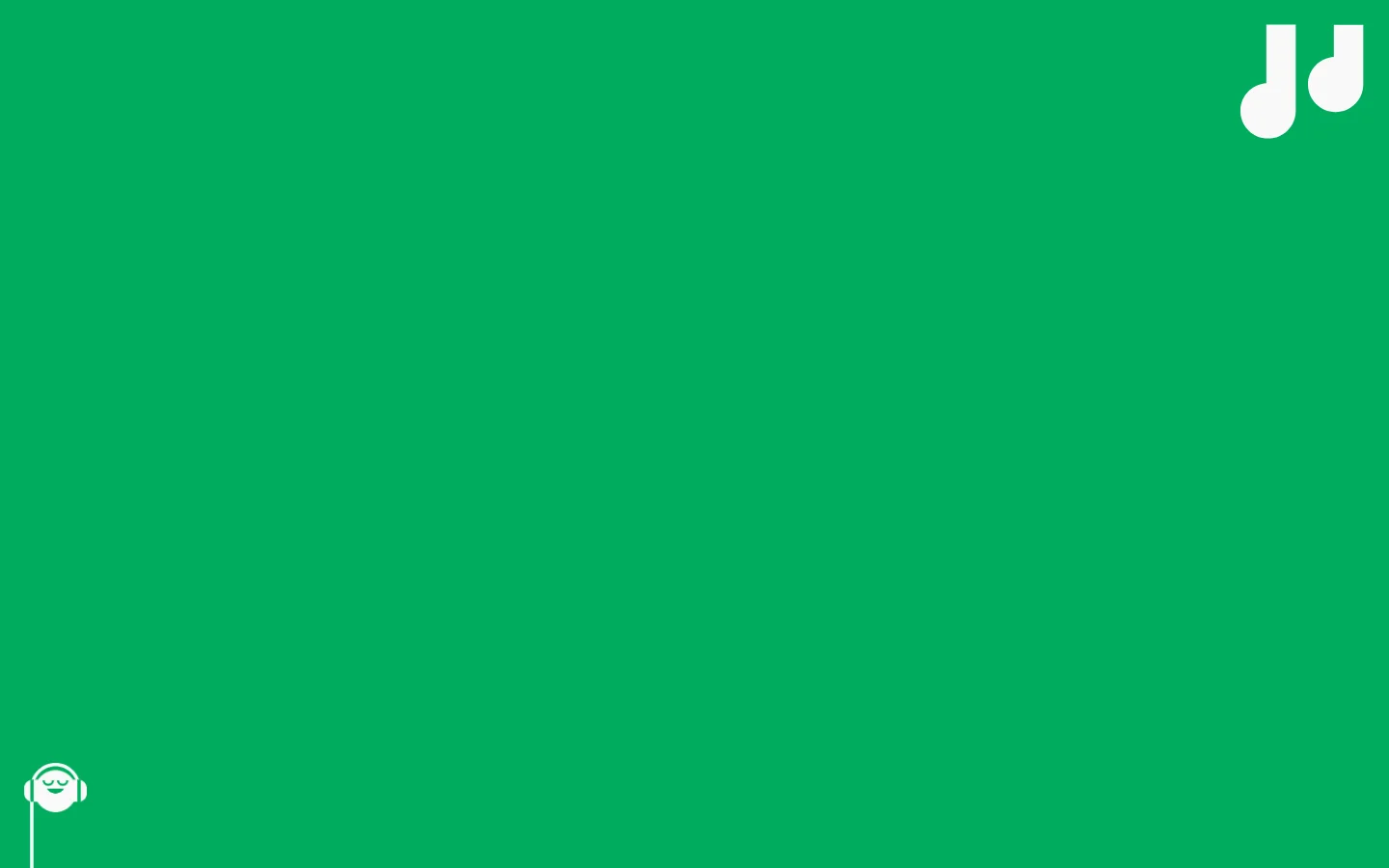 A minimalist green background featuring white musical note icons in the top right corner and a small character wearing headphones in the bottom left. The layout is extremely simple with no visible text, headlines, or buttons.