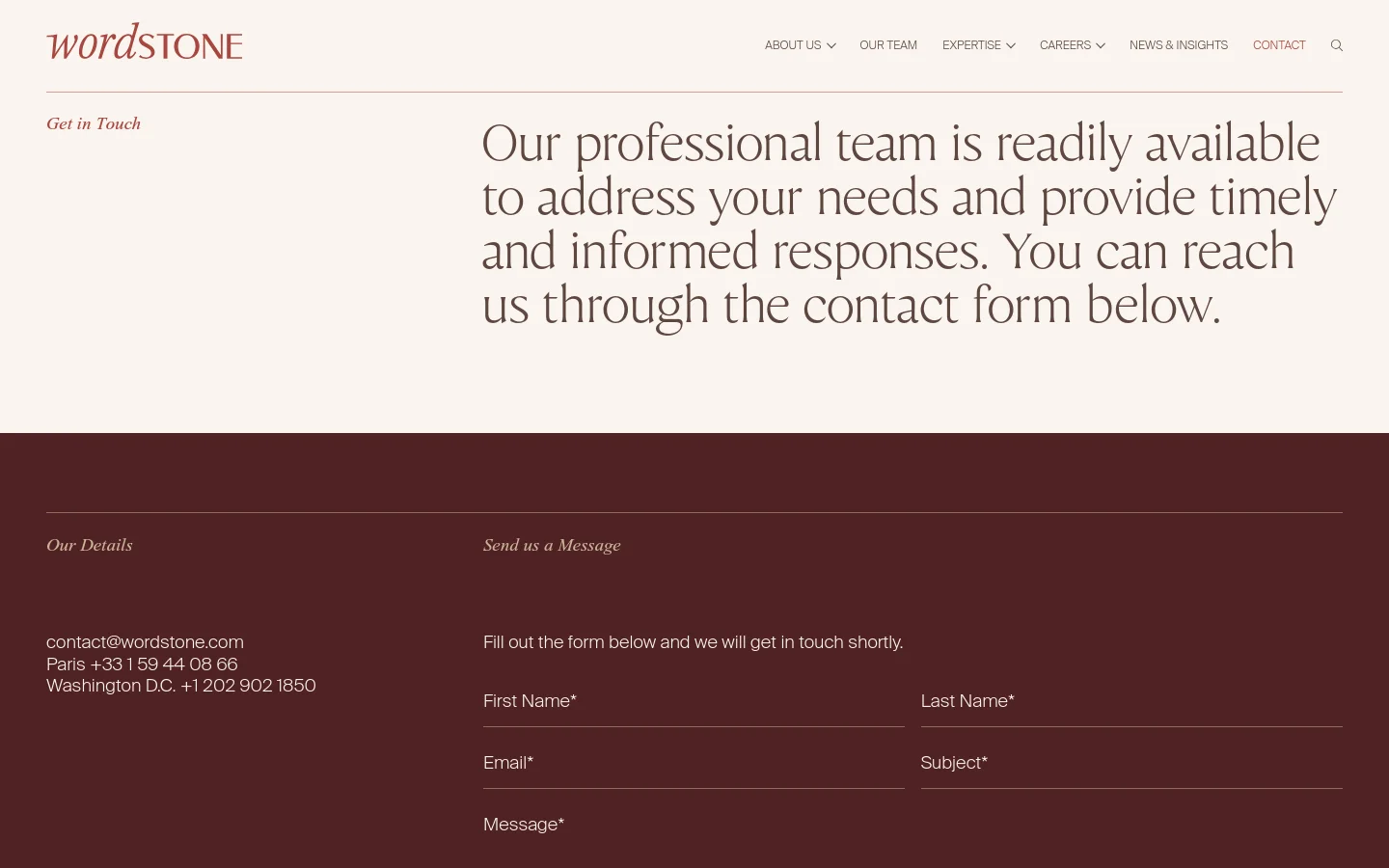 The Contact page features a clean, minimalist layout with a white top section and a dark burgundy bottom section. A large serif headline introduces the contact information, followed by contact details and a 'Send us a Message' contact form with fields for name, email, subject, and message. The desktop view displays content in a wide, multi-column arrangement.