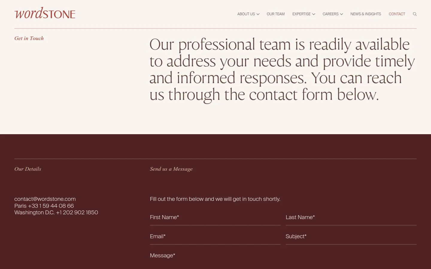 The Contact page features a clean, minimalist layout with a white top section and a dark burgundy bottom section. A large serif headline introduces the contact information, followed by contact details and a 'Send us a Message' contact form with fields for name, email, subject, and message. The desktop view displays content in a wide, multi-column arrangement.