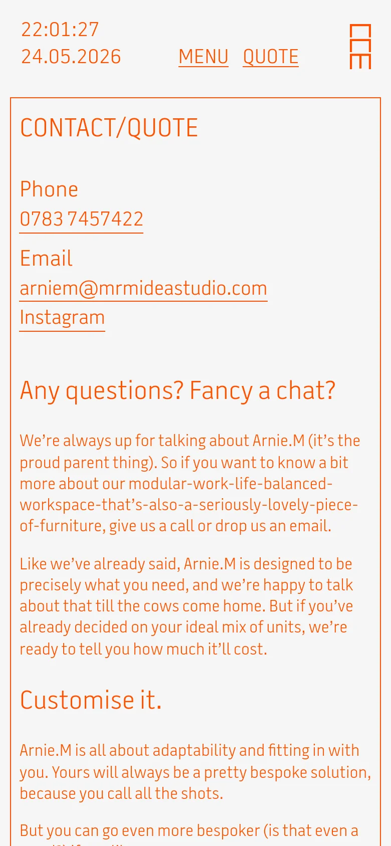 The mobile version simplifies the layout into a single vertical column within the orange frame. The contact information, headings, and text paragraphs are stacked vertically for easier scrolling, maintaining the cream background and orange typography used on the desktop version.