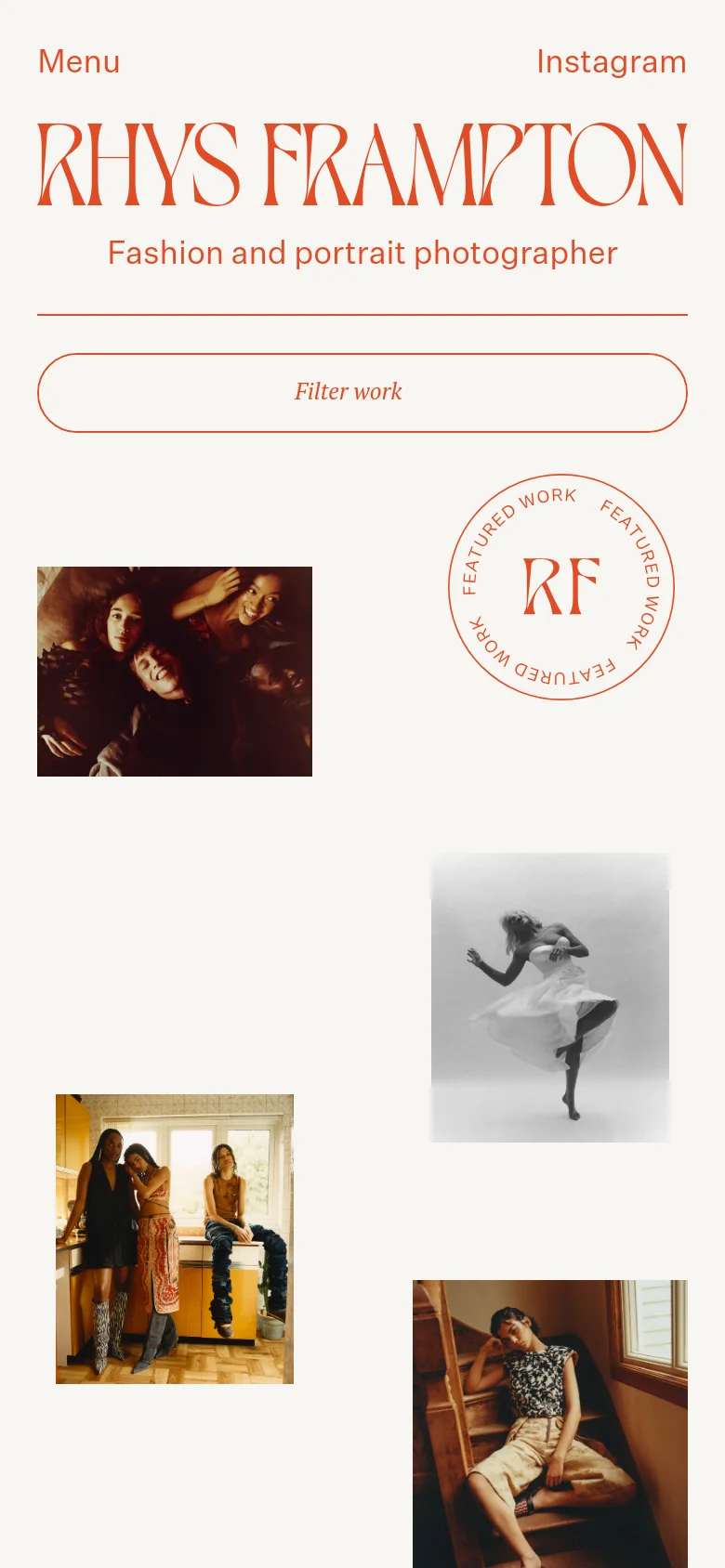 The mobile version simplifies the layout, stacking the 'RHYS FRAMPTON' logo and 'Fashion and portrait photographer' headline vertically. A prominent 'Filter work' button is centered below the header, followed by a single-column scroll of large photographic project tiles.