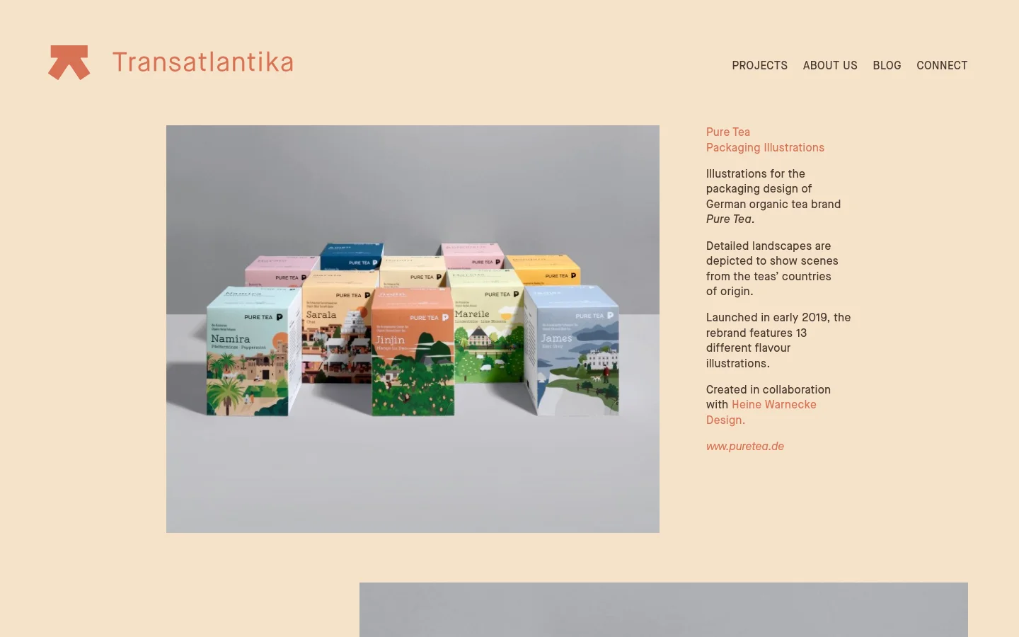 A desktop webpage for Transatlantika featuring a large hero image of various Pure Tea boxes arranged in rows against a grey background. The boxes display colorful, flat vector landscape illustrations in pastel tones. To the right of the image, a text column provides project details, including the brand name, description, and award information on a light beige background.