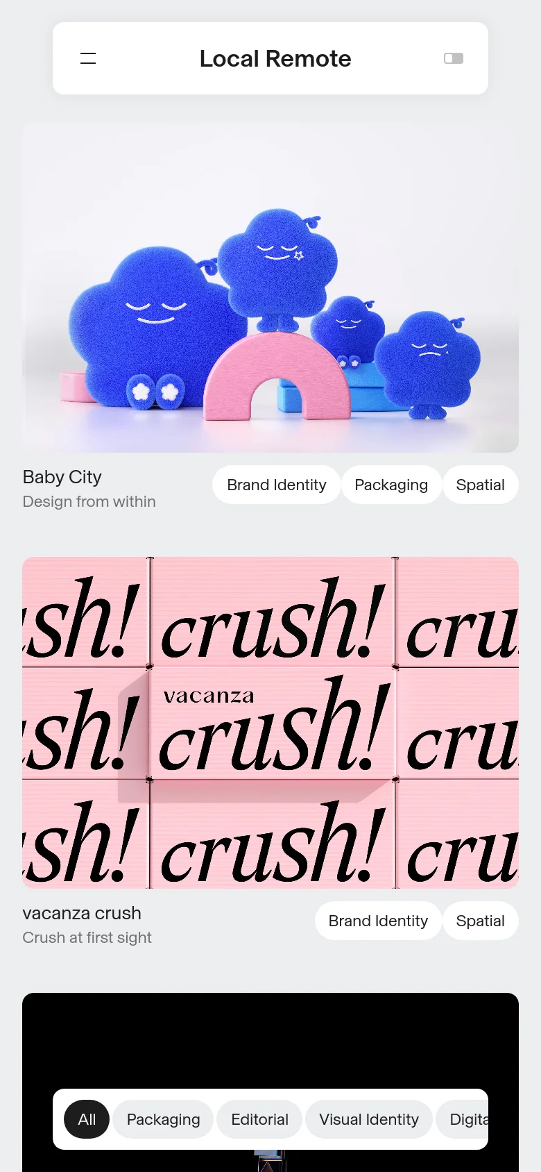 The mobile version maintains the minimalist aesthetic but transitions to a single-column vertical stack for project entries. The header features a simplified navigation menu and the brand name 'Local Remote,' while the filter menu is positioned at the bottom of the viewport for easier thumb access.