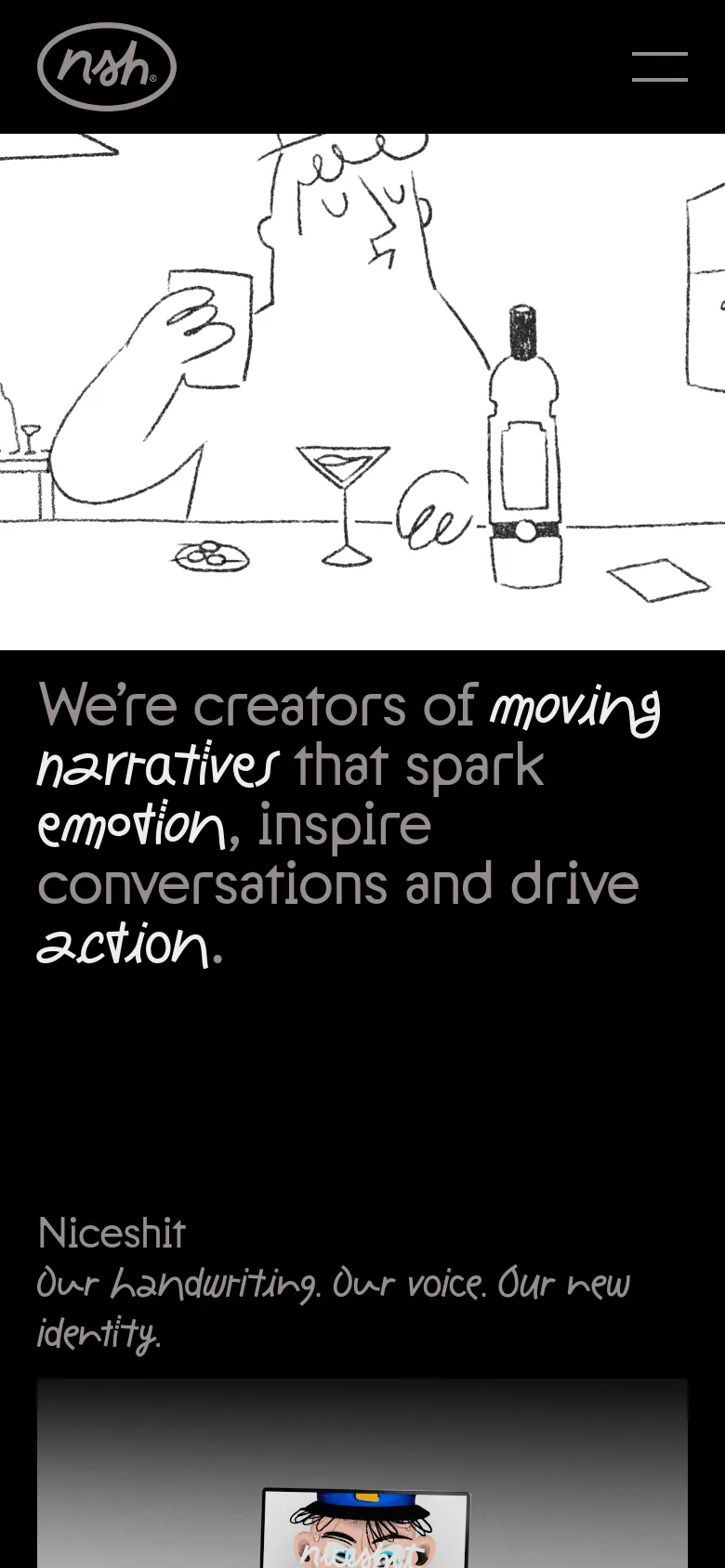 The mobile version presents a vertical layout with the brand mission statement prominently displayed in large, white, handwritten-style typography against a black background. The hero imagery is scaled down, and the navigation is simplified, focusing on a single-column scroll of content and project links.