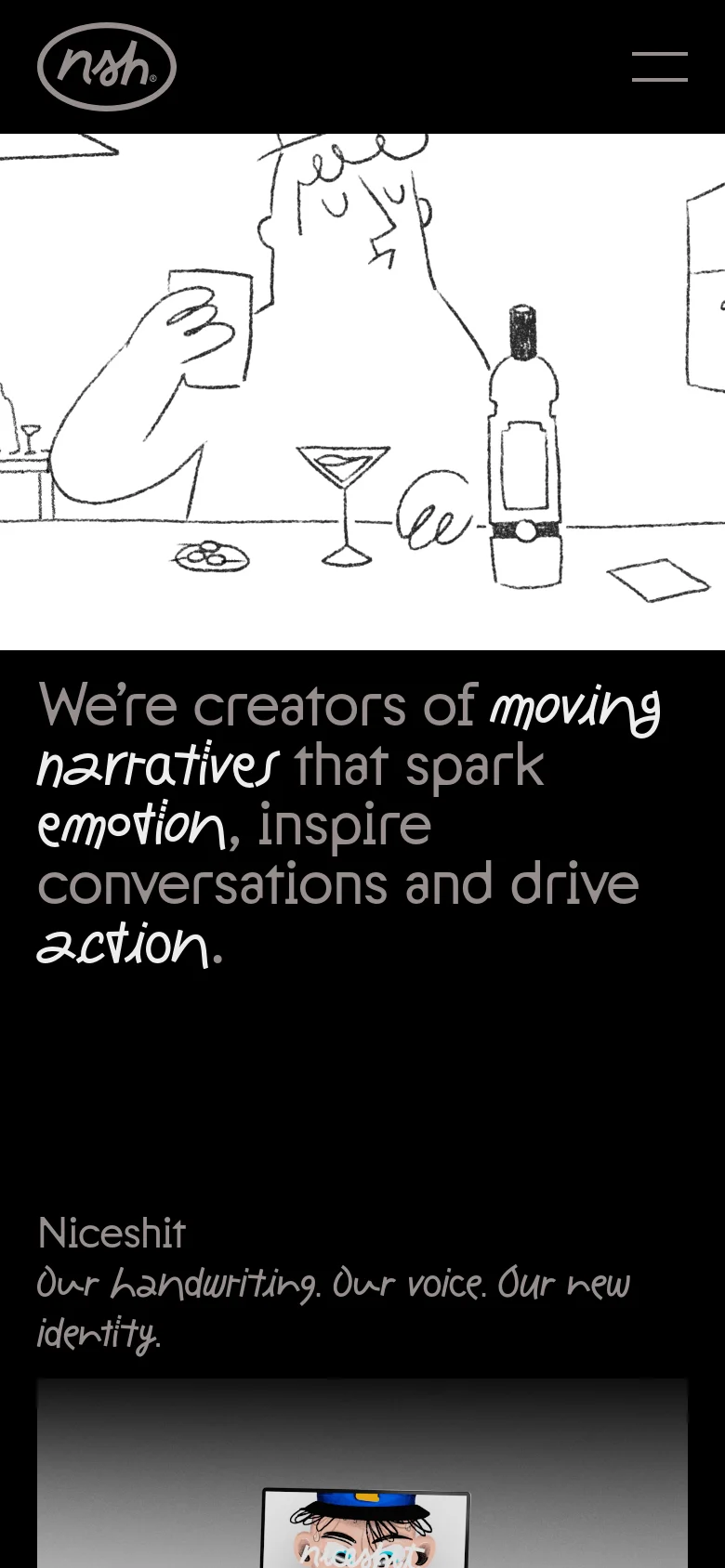 The mobile version presents a vertical layout with the brand mission statement prominently displayed in large, white, handwritten-style typography against a black background. The hero imagery is scaled down, and the navigation is simplified, focusing on a single-column scroll of content and project links.