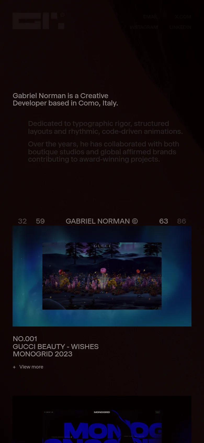 The mobile version presents a vertically stacked, single-column layout of the dark-themed portfolio. The hero image is scaled to fit the narrow screen, followed by large, legible white text describing the developer's background and mission. Project entries and navigation links are arranged in a simplified vertical list for easier scrolling on a handheld device.