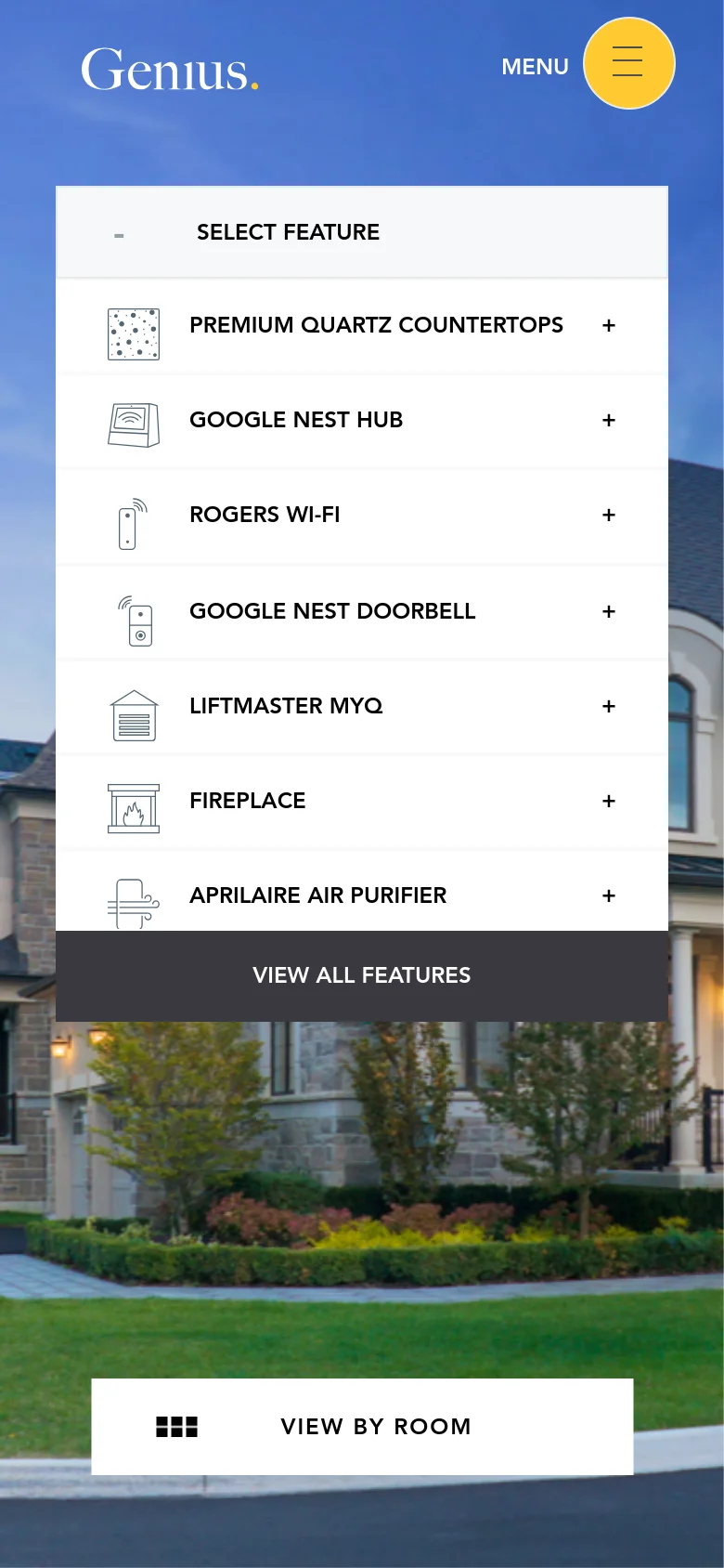 The mobile version displays the same luxury home background but uses a full-width white menu overlay that covers most of the screen. The feature list is stacked vertically with larger touch targets, and the 'View by Room' button is positioned at the bottom of the viewport. The top navigation is simplified with a prominent yellow circular menu icon.