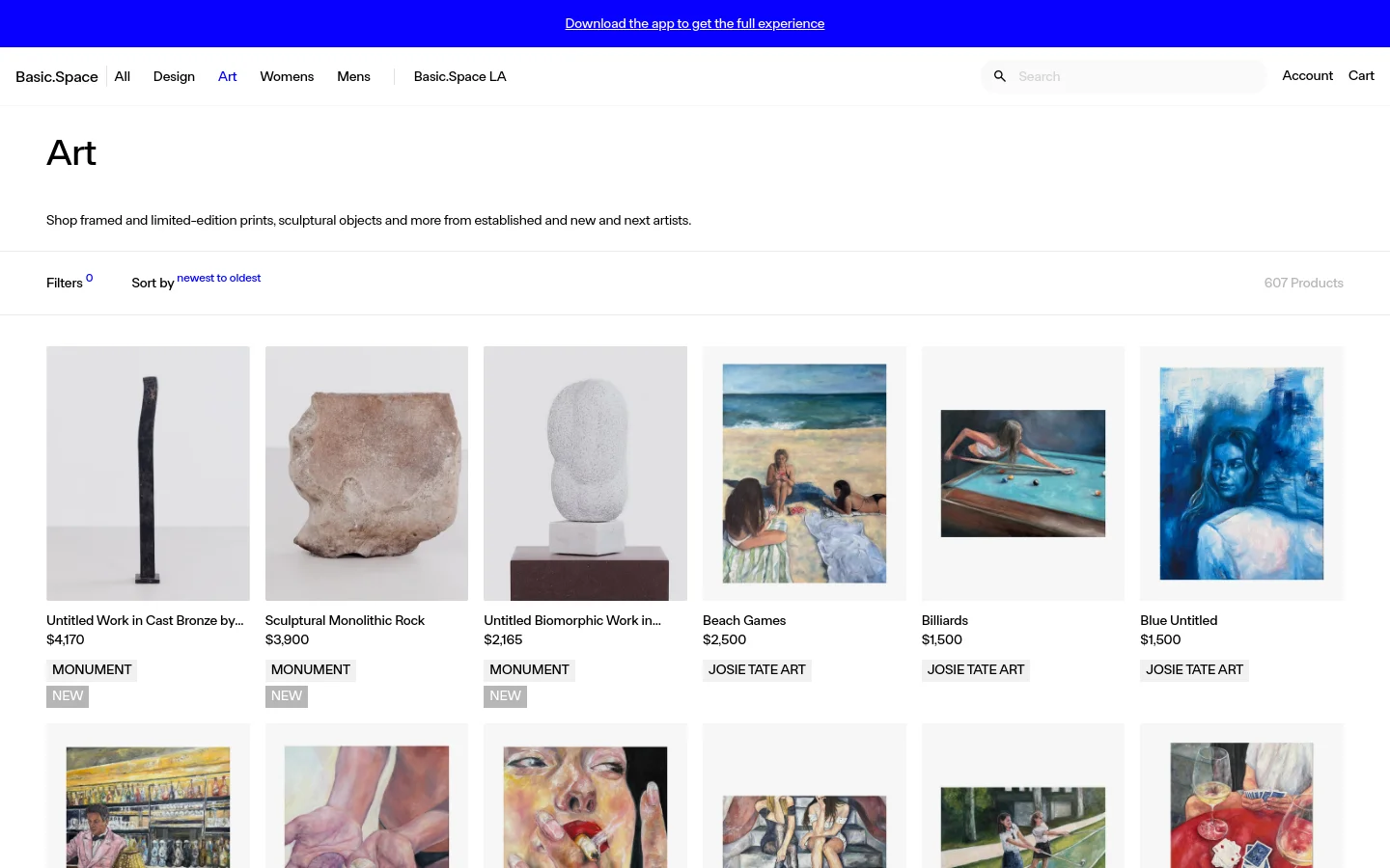 The Art page features a minimalist white layout with a large 'Art' headline and a descriptive subheadline. A grid of art products, including bronze sculptures and paintings, is displayed with titles, prices, artist names, and 'new' badges. The desktop view shows a multi-column grid of large product images with a top navigation bar containing links and a search field.