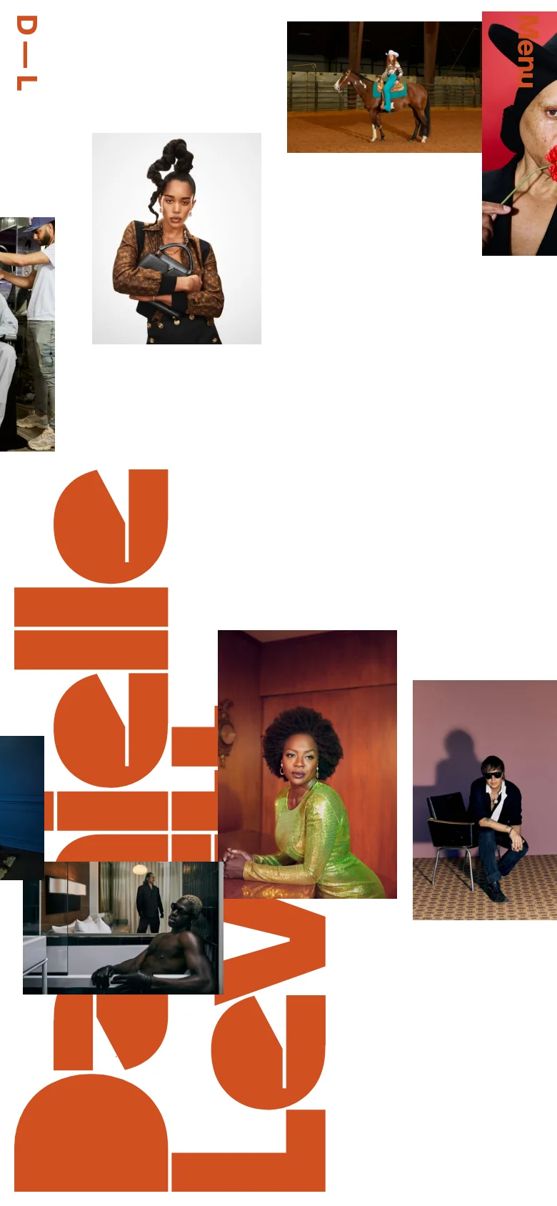 The mobile version maintains the high-fashion aesthetic but shifts to a vertical, single-column layout. The large typography is rearranged to fit the narrow screen, and the photographic grid becomes a stacked series of images. The navigation is simplified with a 'Menu' button in the top right corner.