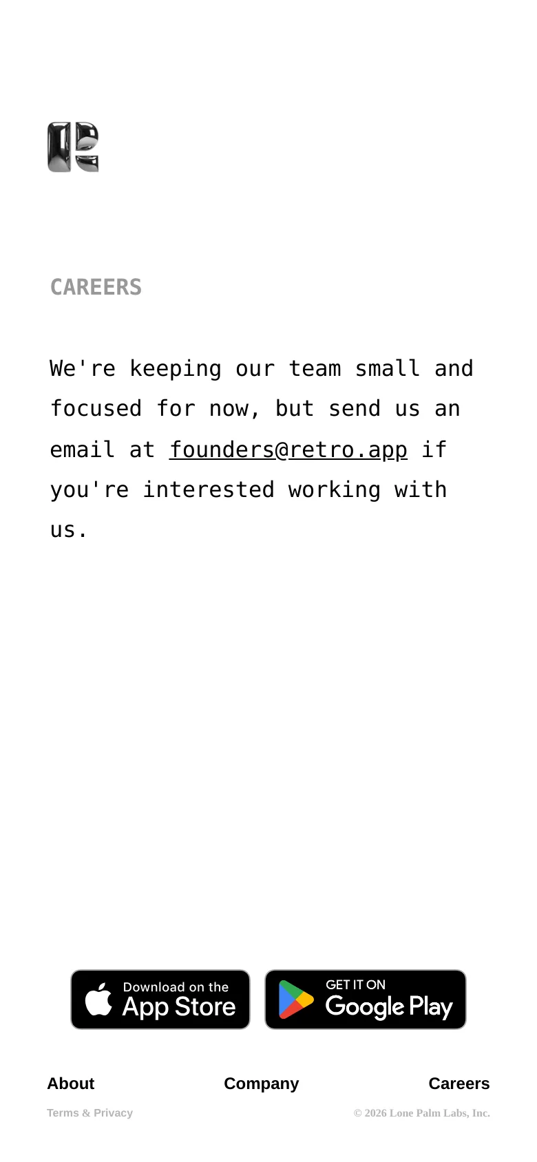 The mobile version maintains the minimalist white aesthetic but uses a centered, single-column layout. The 'CAREERS' heading and contact text are stacked vertically for readability on a smaller screen. The footer is simplified, placing the App Store and Google Play buttons prominently at the bottom above the navigation links.