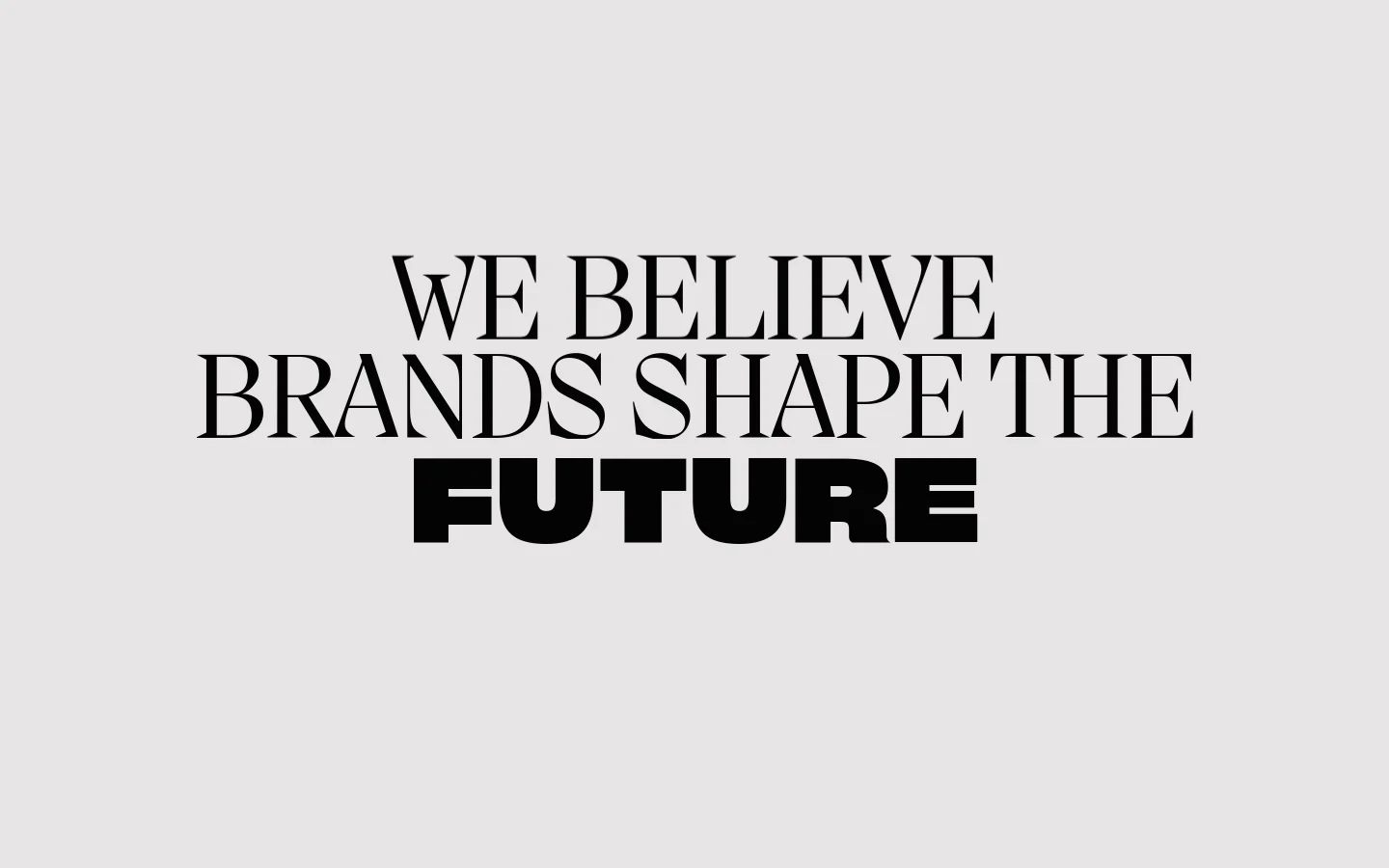 The homepage for Our Revolution features a minimalist light gray background with large, bold black typography stating 'WE BELIEVE BRANDS SHAPE THE FUTURE'. A navigation bar at the top includes '( MENU )' on the left, a circular 'R' logo in the center, and '( WORK* )' on the right. Below the main headline, a '( SELECTED PROJECTS )' section displays a horizontal row of four square portfolio images.