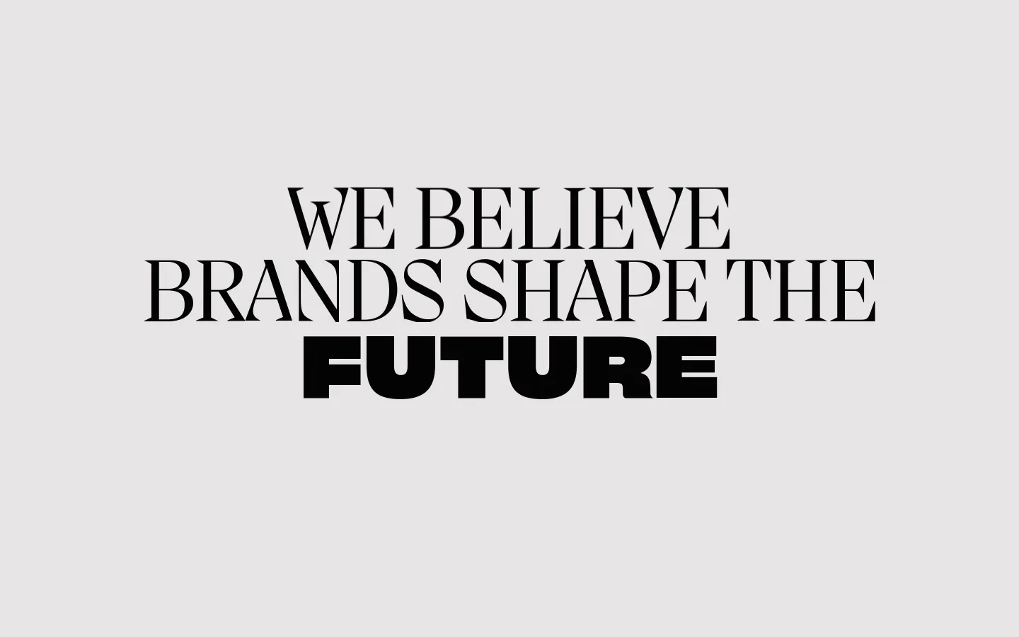 The homepage for Our Revolution features a minimalist light gray background with large, bold black typography stating 'WE BELIEVE BRANDS SHAPE THE FUTURE'. A navigation bar at the top includes '( MENU )' on the left, a circular 'R' logo in the center, and '( WORK* )' on the right. Below the main headline, a '( SELECTED PROJECTS )' section displays a horizontal row of four square portfolio images.