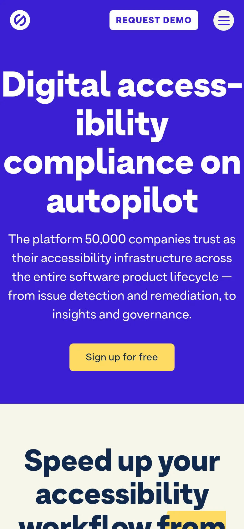 The mobile version presents a vertically stacked layout on a purple gradient background, with the main headline 'Digital accessibility compliance on autopilot' appearing in large, bold white text. The 'Sign up for free' button is centered prominently below the descriptive text. The navigation is condensed into a hamburger menu icon in the top right, next to a 'Request Demo' button.